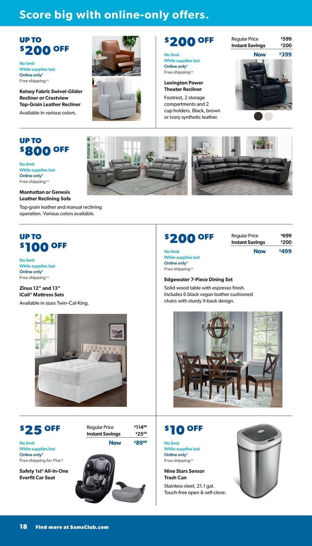 thumbnail - Sam's Club Flyer - 03/03/2021 - 03/28/2021 - Sales products - dining set, table, chair, sofa, recliner chair, mattress, trash can, cup, safety 1st, baby car seat. Page 18.