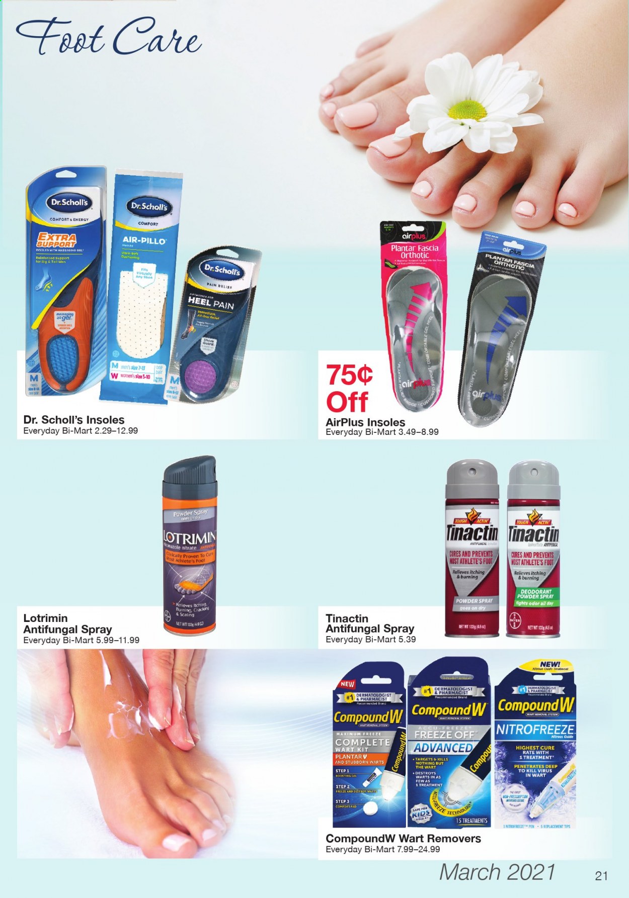 thumbnail - Bi-Mart Flyer - 03/01/2021 - 03/31/2021 - Sales products - cushion, antifungal spray, anti-perspirant, deodorant, foot care, pen, Bayer. Page 21.