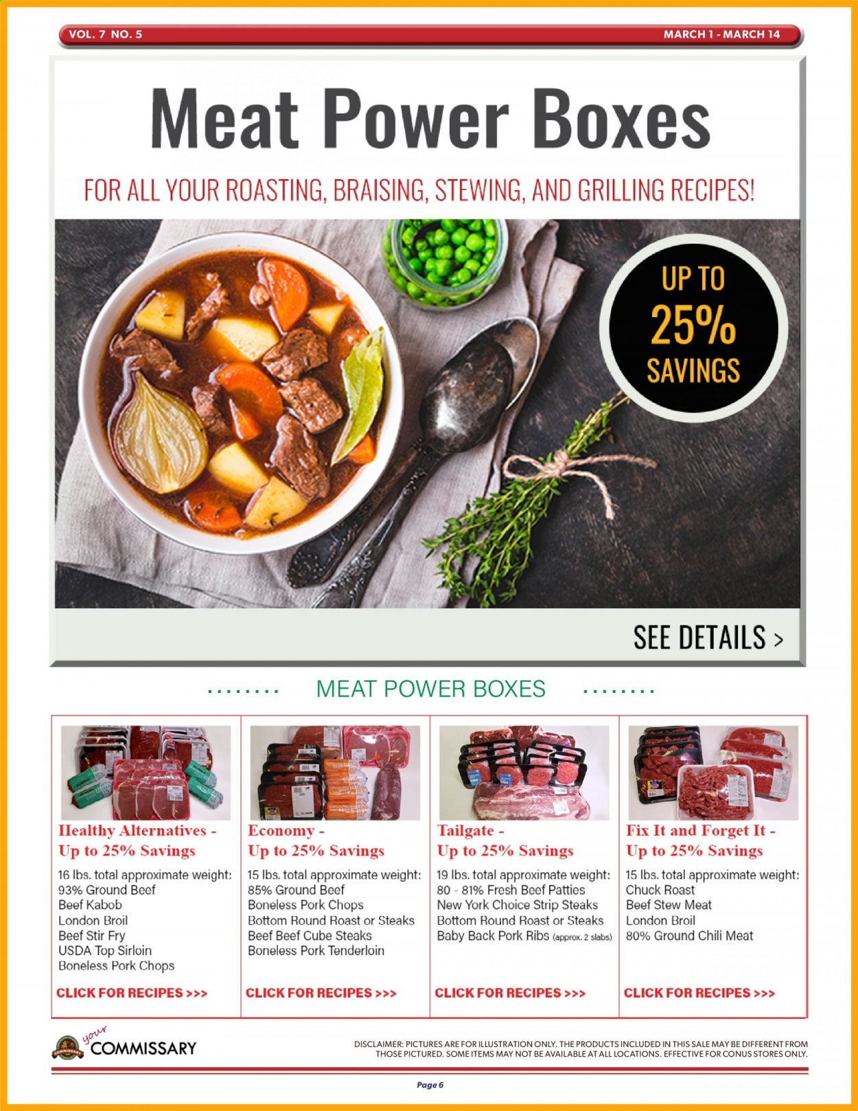 thumbnail - Commissary Flyer - 03/01/2021 - 03/14/2021 - Sales products - stew meat, round roast, roast beef, steak, striploin steak, chuck roast, ground beef, beef meat, pork ribs, pork tenderloin, pork back ribs, pork chops, pork meat. Page 6.