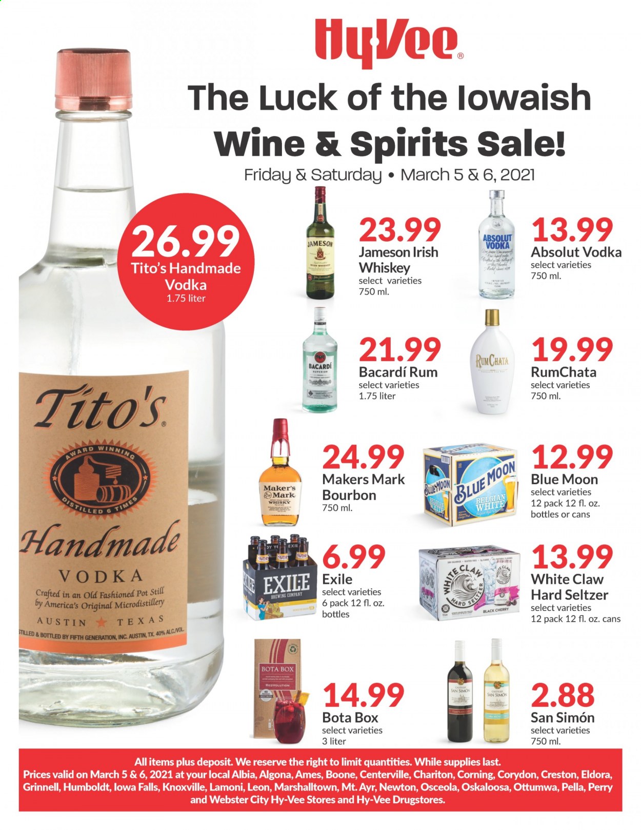 thumbnail - Hy-Vee Flyer - 03/05/2021 - 03/06/2021 - Sales products - seltzer water, wine, Bacardi, bourbon, rum, vodka, whiskey, Jameson, Absolut, White Claw, Hard Seltzer, bourbon whiskey, whisky, beer, Blue Moon, pot. Page 1.