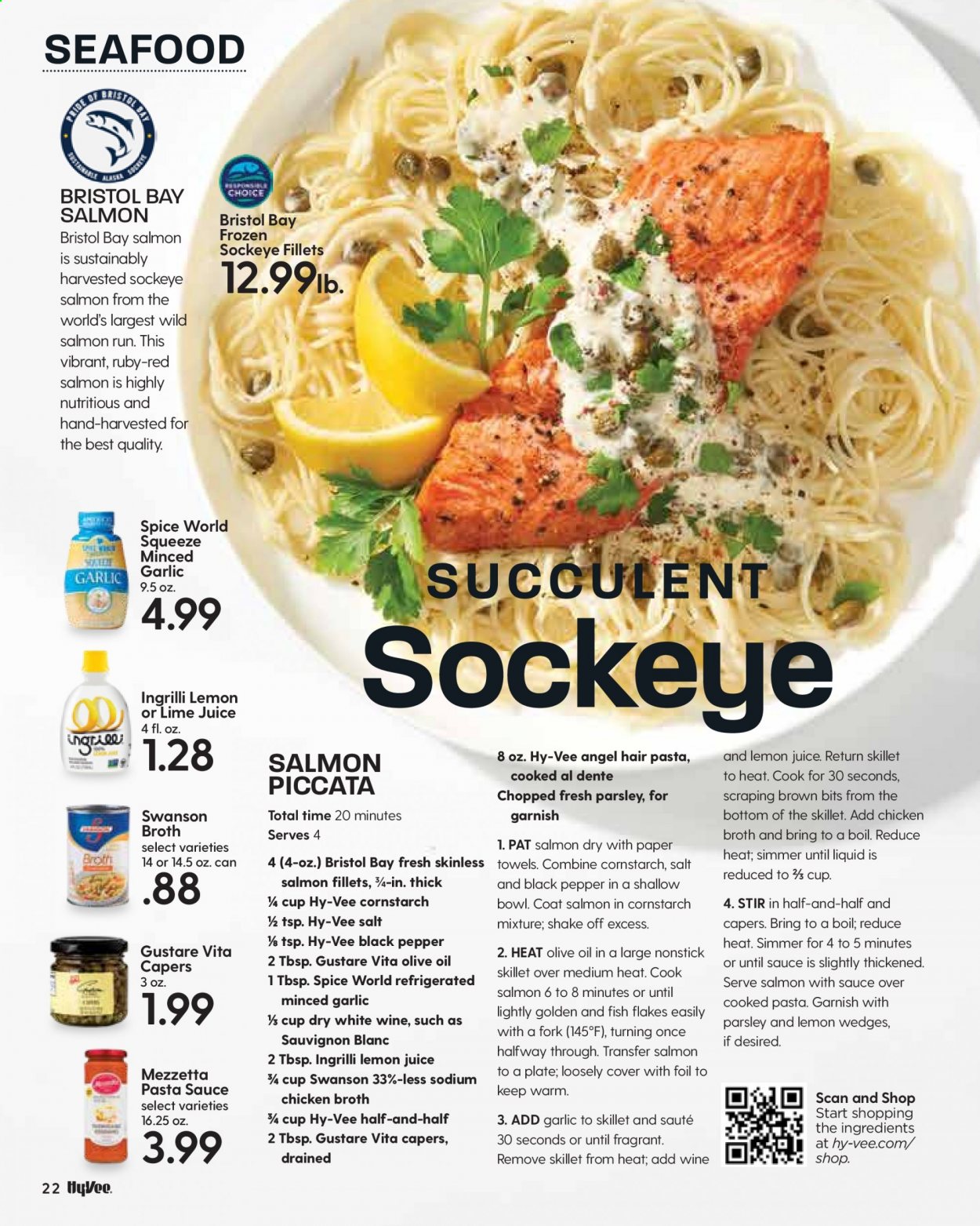 thumbnail - Hy-Vee Flyer - 03/01/2021 - 03/31/2021 - Sales products - salmon, salmon fillet, seafood, shake, cornstarch, chicken broth, salt, broth, capers, parsley, black pepper, pasta sauce, olive oil, lemon juice, white wine, Sauvignon Blanc, kitchen towels, paper towels, fork, cup, bowl, coat, succulent. Page 23.