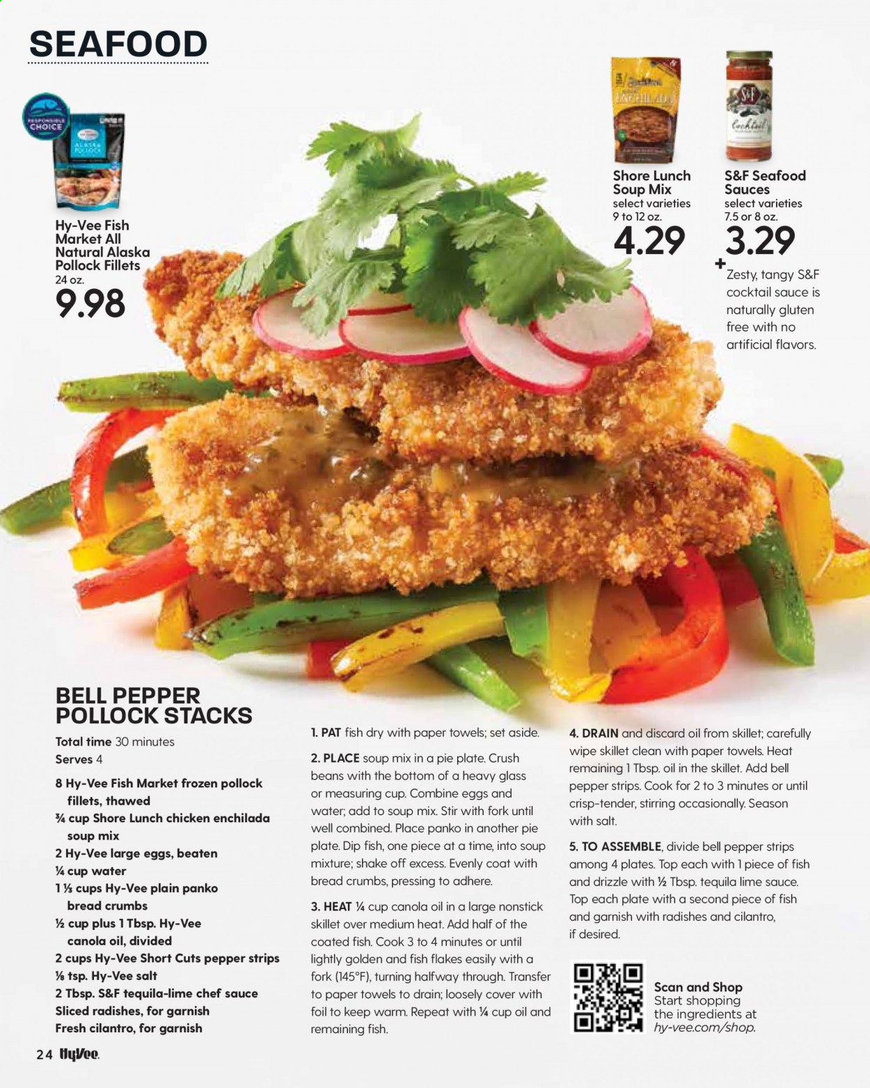 thumbnail - Hy-Vee Flyer - 03/01/2021 - 03/31/2021 - Sales products - pie, breadcrumbs, panko breadcrumbs, pollock, seafood, enchiladas, chicken enchiladas, soup mix, soup, shake, large eggs, dip, bell peppers, strips, cilantro, pepper, cocktail sauce, canola oil, tequila, kitchen towels, paper towels, fork, plate, measuring cup, coat. Page 25.