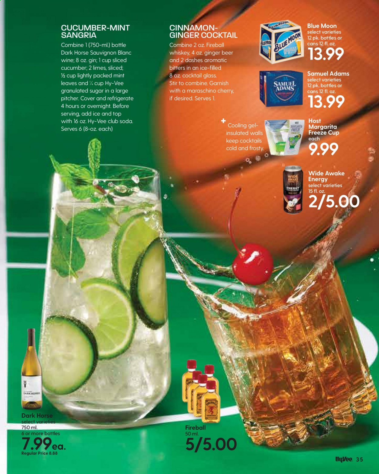 thumbnail - Hy-Vee Flyer - 03/01/2021 - 03/31/2021 - Sales products - granulated sugar, cucumber, soda, Club Soda, wine, Sauvignon Blanc, gin, Maraschino, whiskey, whisky, beer, Blue Moon, ginger beer, pitcher. Page 36.