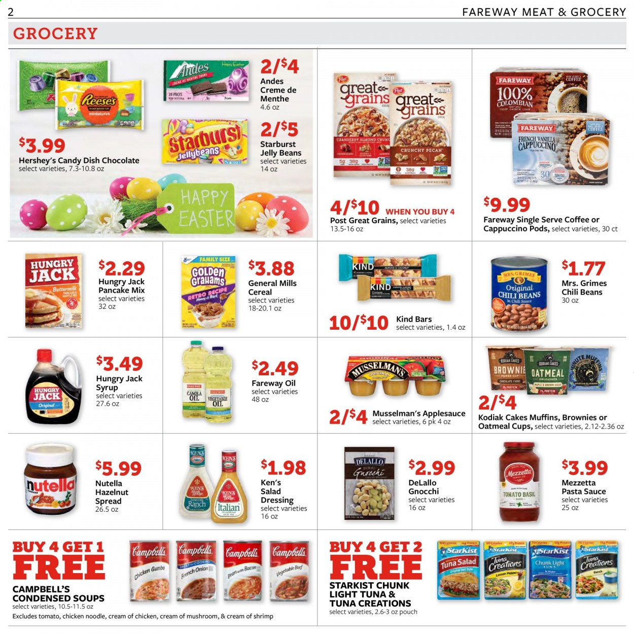 thumbnail - Fareway Flyer - 03/02/2021 - 03/08/2021 - Sales products - mushrooms, cake, brownies, pancakes, muffin, tuna, shrimps, StarKist, Campbell's, gnocchi, sauce, Hershey's, Nutella, chocolate, jelly beans, Starburst, oatmeal, chili beans, light tuna, cereals, noodles, salad dressing, pasta sauce, dressing, oil, apple sauce, syrup, hazelnut spread, cappuccino, coffee, creme de menthe. Page 2.