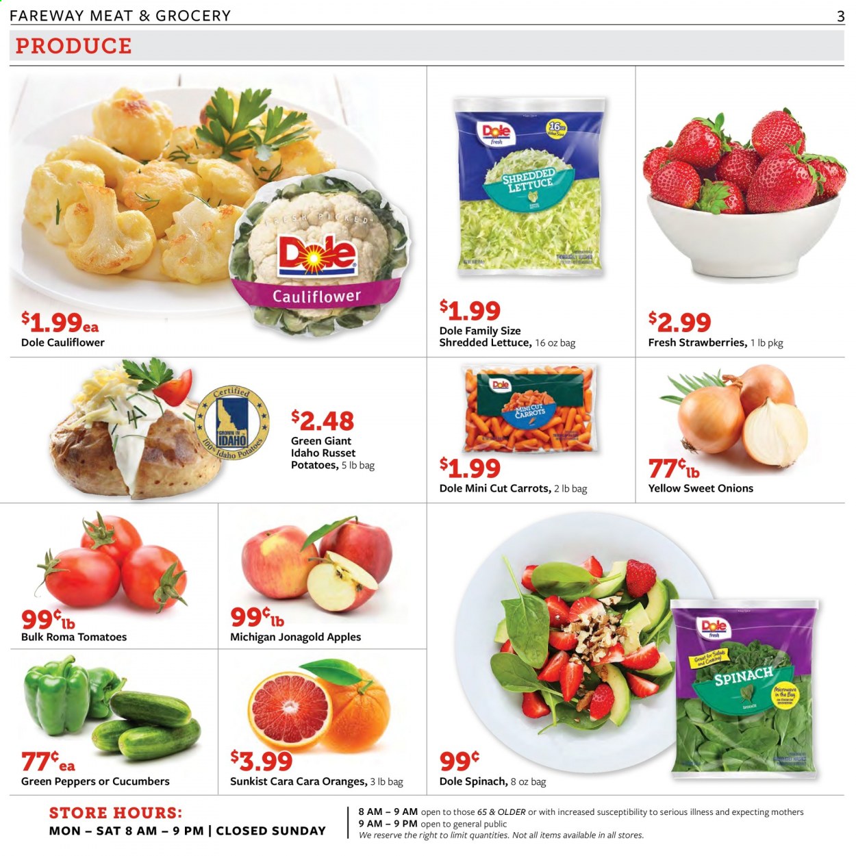 thumbnail - Fareway Flyer - 03/02/2021 - 03/08/2021 - Sales products - lettuce, Dole, apples, oranges, carrots, cauliflower, spinach, strawberries, cucumber. Page 3.