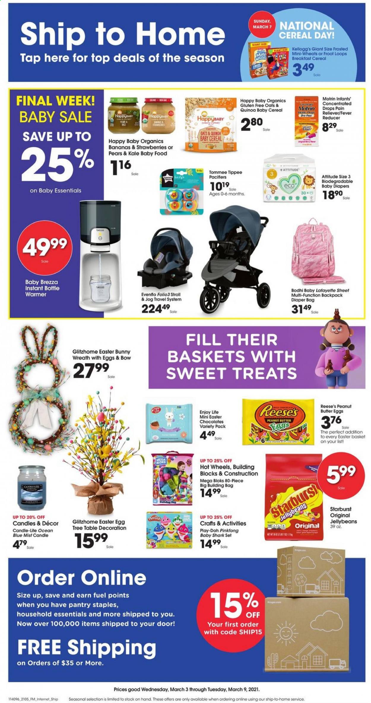thumbnail - Baker's Flyer - 03/03/2021 - 03/09/2021 - Sales products - bananas, pears, eggs, Reese's, strawberries, chocolate, Kellogg's, Starburst, oats, cereals, peanut butter, basket, candle, table, wreath, easter egg, building blocks, Mega Bloks, Play-doh, Hot Wheels, Motrin. Page 1.