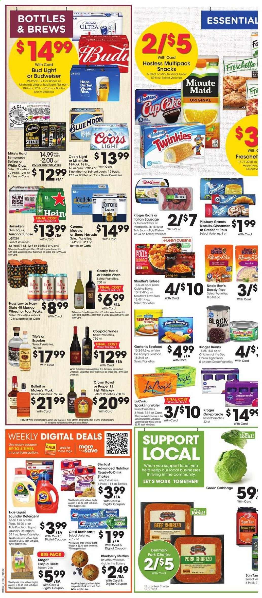 thumbnail - Fry’s Flyer - 03/03/2021 - 03/09/2021 - Sales products - cinnamon roll, crescent rolls, muffin, tilapia, seafood, Van de Kamp's, Gorton's, meatballs, Pillsbury, Lean Cuisine, Slimfast, Bob Evans, chorizo, sausage, italian sausage, shake, beans, mango, Stouffer's, biscuit, snack, light tuna, Uncle Ben's, Chicken of the Sea, lemonade, juice, AriZona, seltzer water, sparkling water, champagne, wine, whiskey, White Claw, beer, Budweiser, Miller Lite, Coors, Dos Equis, Blue Moon, Michelob, Bud Light, Corona Extra, Heineken, IPA, Modelo, ground pork, detergent, Tide, laundry detergent, toothpaste, Crest. Page 4.