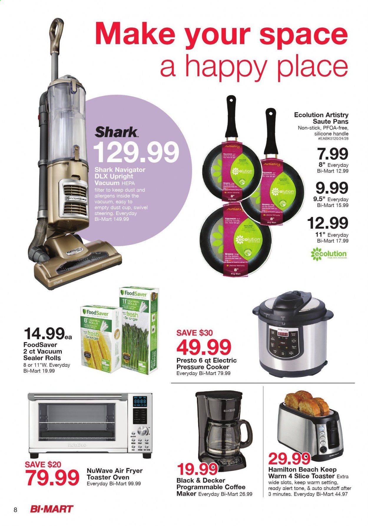 thumbnail - Bi-Mart Flyer - 03/02/2021 - 03/16/2021 - Sales products - vacuum sealer, pressure cooker, pan, cup, coffee machine, vacuum cleaner, Black & Decker, air fryer, toaster. Page 8.