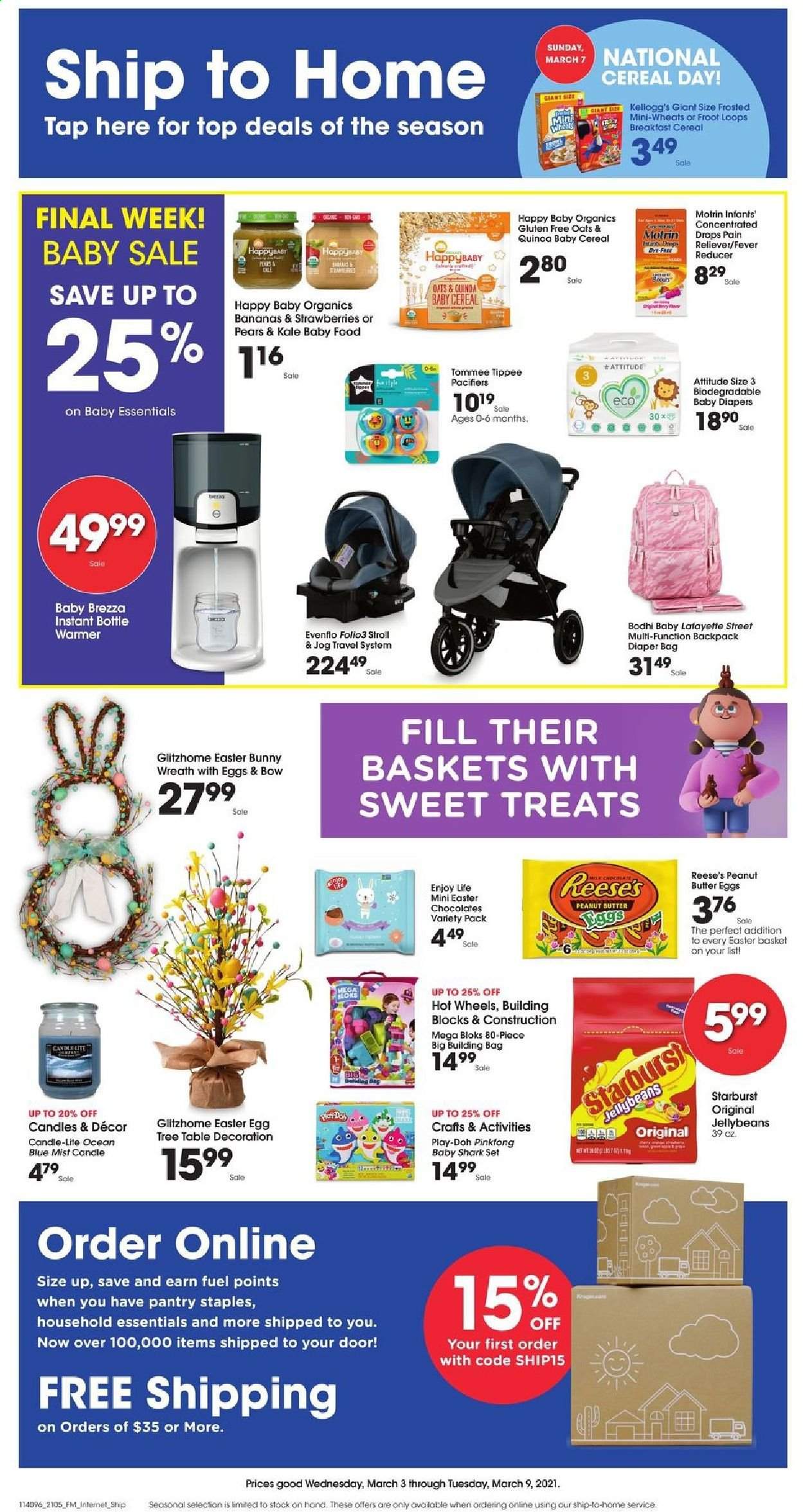 thumbnail - King Soopers Flyer - 03/03/2021 - 03/09/2021 - Sales products - table, wreath, easter egg, bananas, pears, eggs, Reese's, strawberries, chocolate, Starburst, oats, cereals, peanut butter, basket, candle, backpack, bag, building blocks, Mega Bloks, Play-doh, Hot Wheels, Motrin. Page 1.