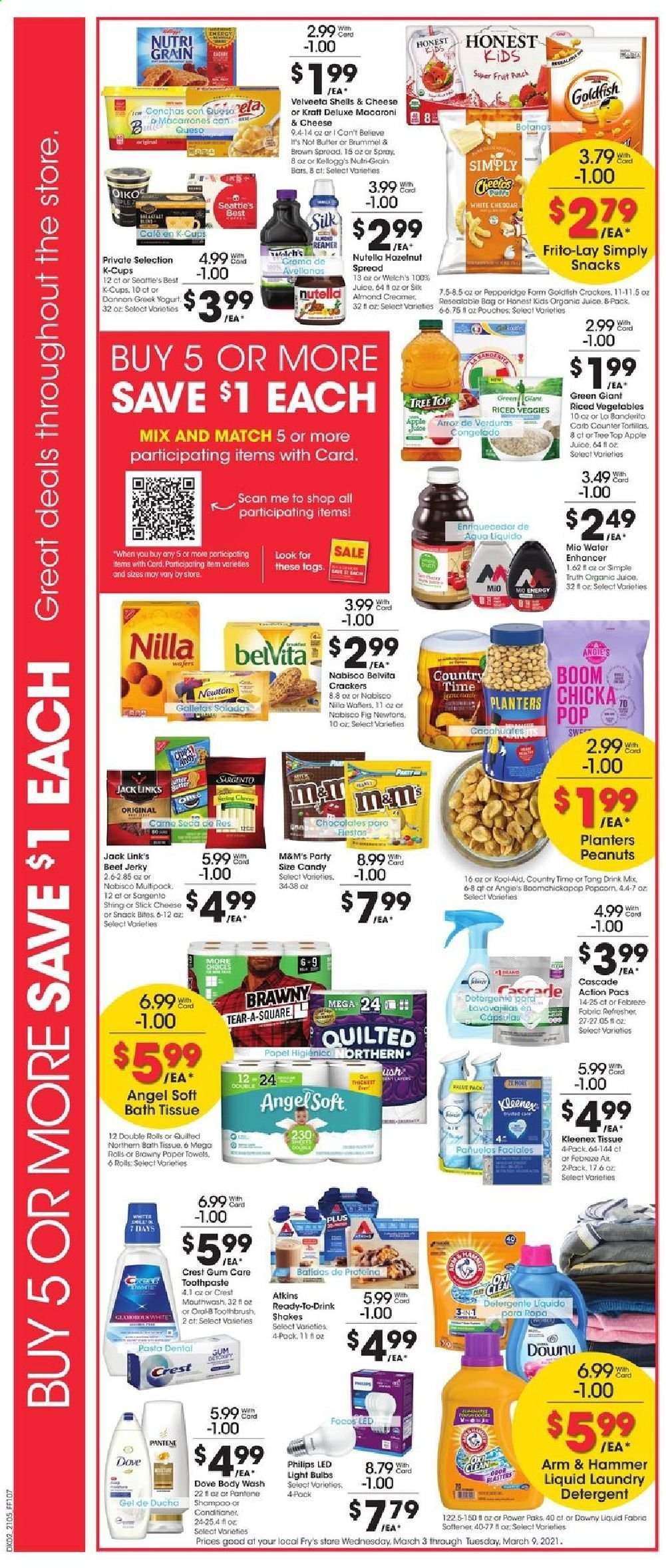 thumbnail - Fry’s Flyer - 03/03/2021 - 03/09/2021 - Sales products - Philips, Apple, tortillas, 7 Days, Welch's, Kraft®, beef jerky, jerky, Sargento, greek yoghurt, yoghurt, Oikos, Dannon, Silk, shake, butter, creamer, almond creamer, Nutella, chocolate, M&M's, crackers, Kellogg's, snack, popcorn, Goldfish, Frito-Lay, cheese sticks, Jack Link's, ARM & HAMMER, belVita, Nutri-Grain, macaroni, almonds, peanuts, Planters, apple juice, juice, Country Time, coffee capsules, K-Cups, punch, Dove, bath tissue, Kleenex, Quilted Northern, detergent, Febreze, Cascade, fabric softener, laundry detergent, body wash, shampoo, toothbrush, toothpaste, mouthwash, Crest, conditioner, Pantene, bulb, light bulb, towel, LED light. Page 3.