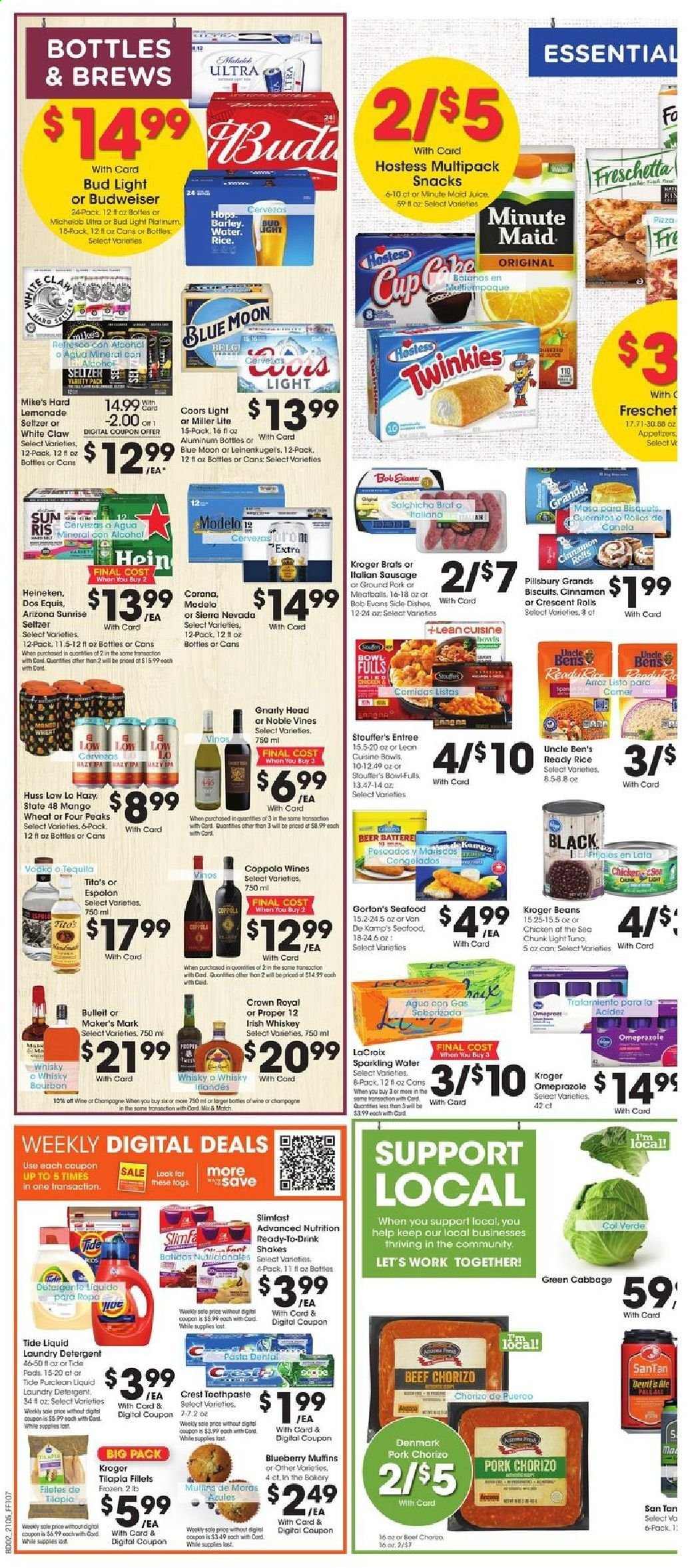 thumbnail - Fry’s Flyer - 03/03/2021 - 03/09/2021 - Sales products - cinnamon roll, crescent rolls, muffin, tilapia, seafood, Van de Kamp's, Gorton's, pizza, meatballs, Pillsbury, Lean Cuisine, Slimfast, bowl-fulls, Bob Evans, chorizo, sausage, italian sausage, shake, beans, mango, Stouffer's, biscuit, snack, light tuna, Uncle Ben's, Chicken of the Sea, pasta, lemonade, juice, AriZona, seltzer water, sparkling water, champagne, wine, alcohol, bourbon, whiskey, White Claw, beer, Budweiser, Miller Lite, Coors, Dos Equis, Blue Moon, Michelob, Bud Light, Corona Extra, Heineken, Modelo, ground pork, detergent, Tide, laundry detergent, toothpaste, Crest, cup. Page 4.