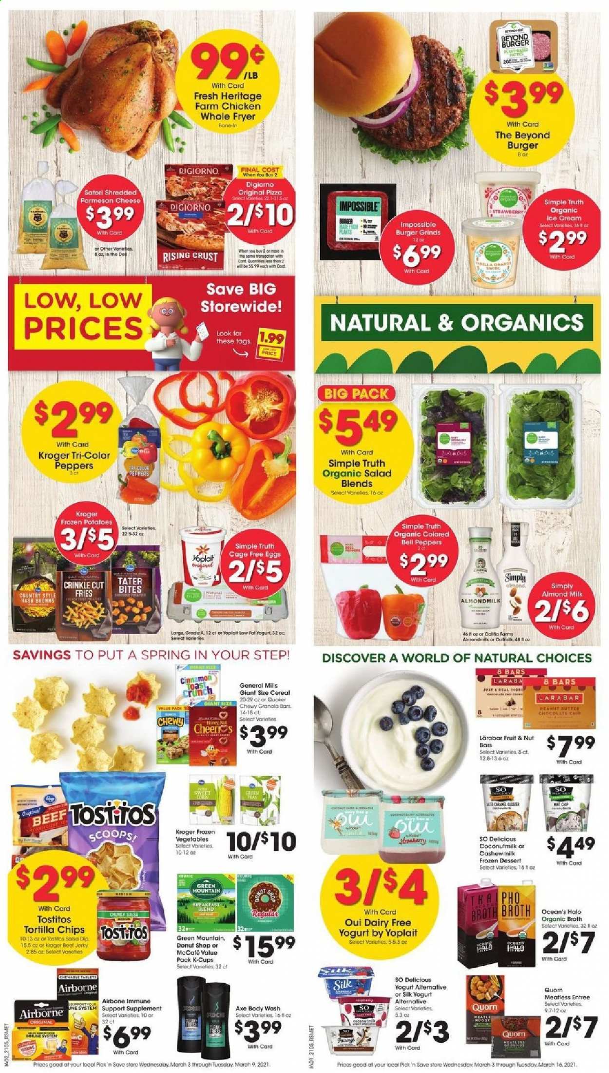 thumbnail - Pick ‘n Save Flyer - 03/03/2021 - 03/09/2021 - Sales products - toast bread, oranges, hash browns, pizza, hamburger, salad, beef jerky, jerky, parmesan, cheese, yoghurt, Yoplait, almond milk, Silk, eggs, cage free eggs, salsa, dip, ice cream, corn, frozen vegetables, bell peppers, sweet corn, potato fries, tortilla chips, Tostitos, broth, coconut milk, cereals, nut bar, cinnamon, caramel, peanuts, coffee capsules, K-Cups, breakfast blend, Green Mountain, body wash, deep fryer, Airbone. Page 6.