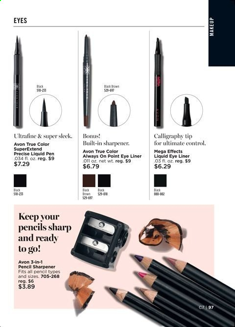 thumbnail - Avon Flyer - 03/02/2021 - 03/15/2021 - Sales products - Avon, True Color, eyeliner, liquid pen, Sharp, sharpener, pen, makeup. Page 97.
