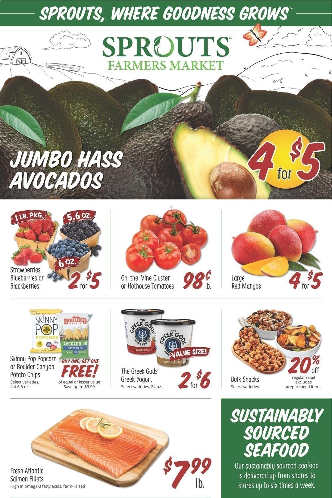 thumbnail - Sprouts Flyer - 03/03/2021 - 03/09/2021 - Sales products - blackberries, blueberries, salmon, salmon fillet, seafood, greek yoghurt, yoghurt, mango, strawberries, potato chips, chips, snack, popcorn, Skinny Pop, sea salt, avocado oil. Page 1.