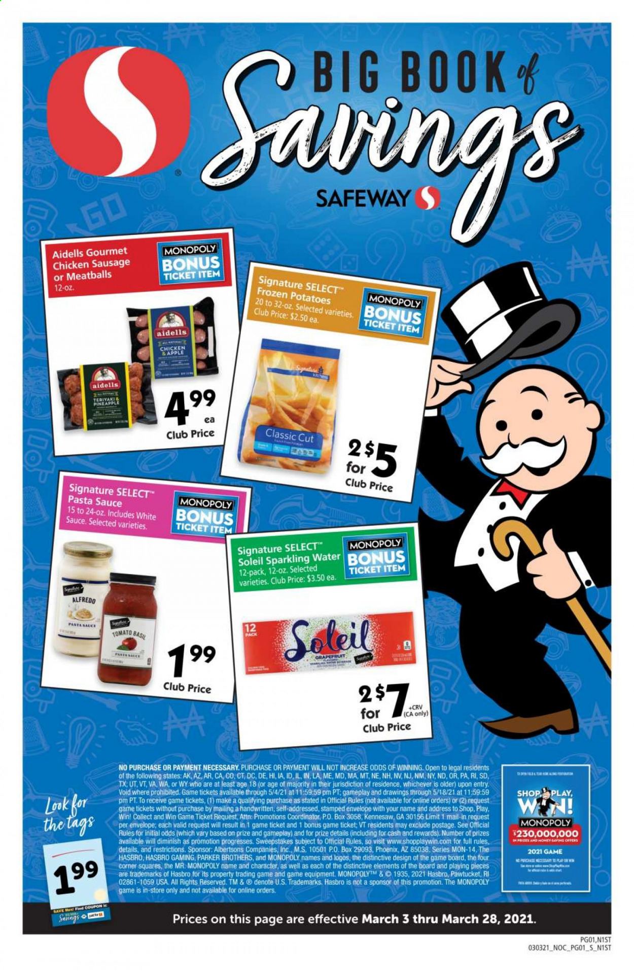 thumbnail - Safeway Flyer - 03/03/2021 - 03/28/2021 - Sales products - meatballs, sausage, chicken sausage, esponja, pasta sauce, teriyaki sauce, honey, sparkling water, BROTHERS, envelope, Parker, pineapple. Page 1.