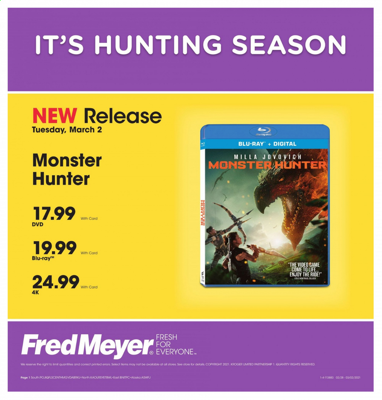 thumbnail - Fred Meyer Flyer - 03/02/2021 - 03/02/2021 - Sales products - Monster, DVD, Blu-ray. Page 1.