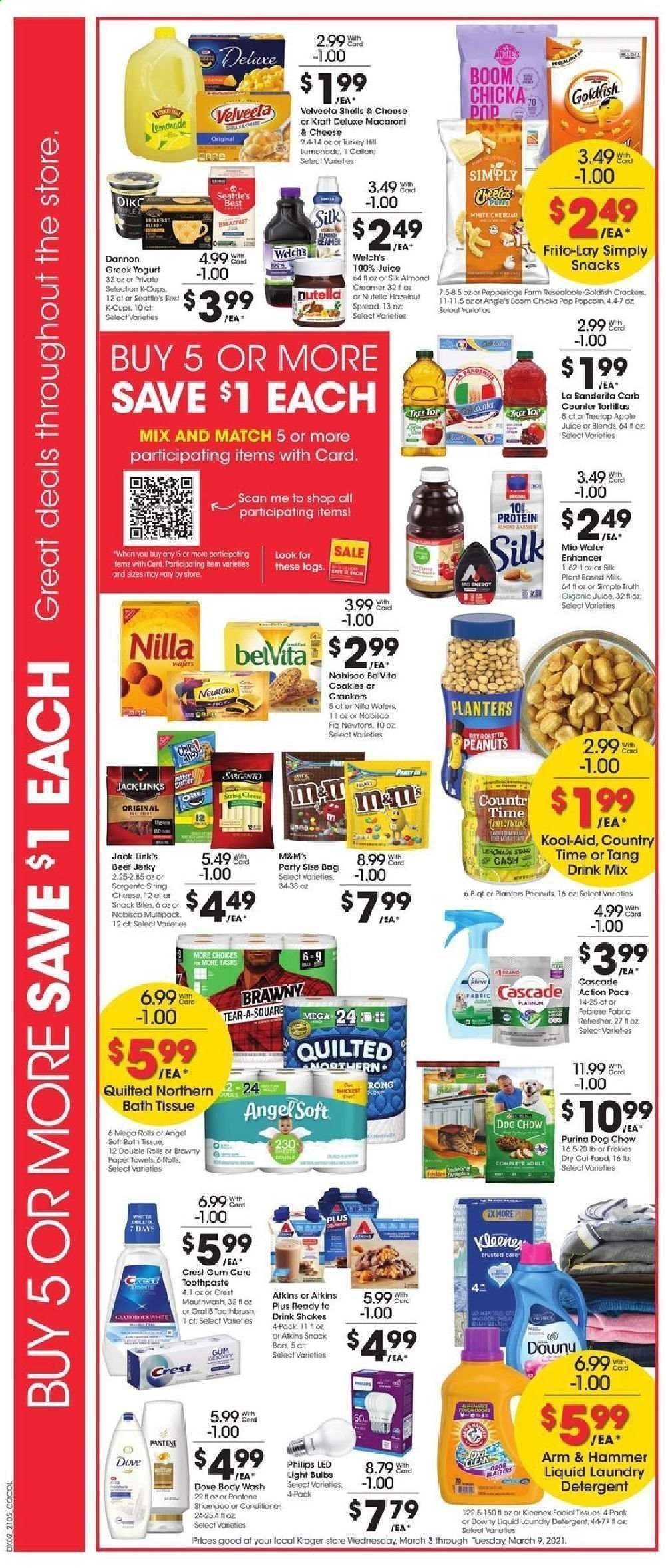 thumbnail - Kroger Flyer - 03/03/2021 - 03/09/2021 - Sales products - Philips, Apple, tortillas, 7 Days, macaroni & cheese, Welch's, Kraft®, beef jerky, jerky, Sargento, greek yoghurt, Oreo, yoghurt, Dannon, milk, shake, creamer, almond creamer, cookies, wafers, Nutella, M&M's, crackers, snack bar, snack, Goldfish, Frito-Lay, Jack Link's, ARM & HAMMER, belVita, hazelnut spread, peanuts, Planters, apple juice, lemonade, juice, Country Time, coffee capsules, K-Cups, Dove, bath tissue, Kleenex, Quilted Northern, kitchen towels, paper towels, detergent, Febreze, Cascade, laundry detergent, body wash, shampoo, toothbrush, toothpaste, mouthwash, Crest, facial tissues, conditioner, Pantene, bulb, light bulb, animal food, cat food, Dog Chow, Purina, dry cat food, Friskies, bag, LED light. Page 3.