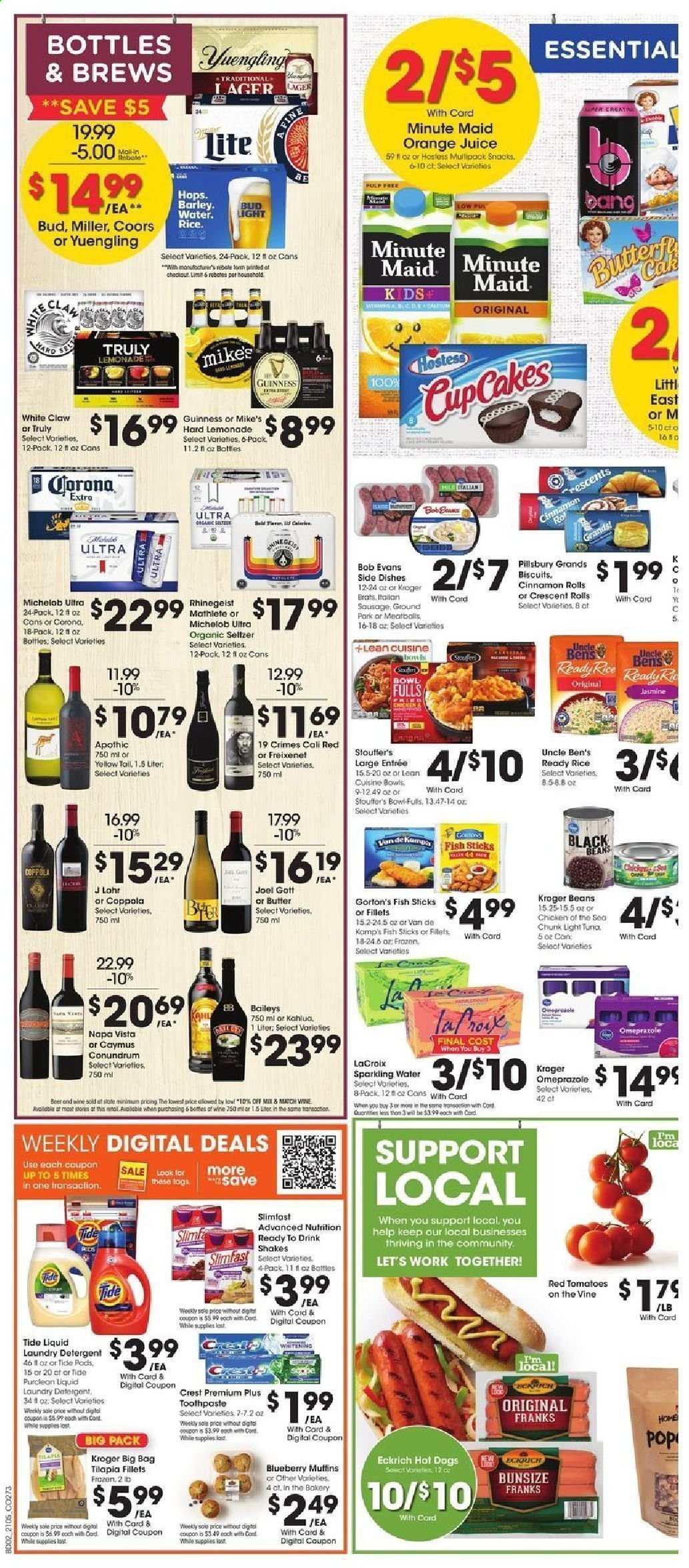 thumbnail - Kroger Flyer - 03/03/2021 - 03/09/2021 - Sales products - cinnamon roll, crescent rolls, cake, muffin, tilapia, fish, Van de Kamp's, Gorton's, hot dog, meatballs, Pillsbury, Lean Cuisine, Slimfast, fish sticks, Bob Evans, sausage, shake, butter, beans, biscuit, snack, light tuna, Uncle Ben's, Chicken of the Sea, black beans, lemonade, orange juice, juice, seltzer water, sparkling water, wine, Kahlúa, Baileys, White Claw, TRULY, beer, Coors, Yuengling, Michelob, Bud Light, Corona Extra, Guinness, Miller, Lager, Rhinegeist, ground pork, detergent, Tide, laundry detergent, toothpaste, Crest, lid, bag. Page 4.