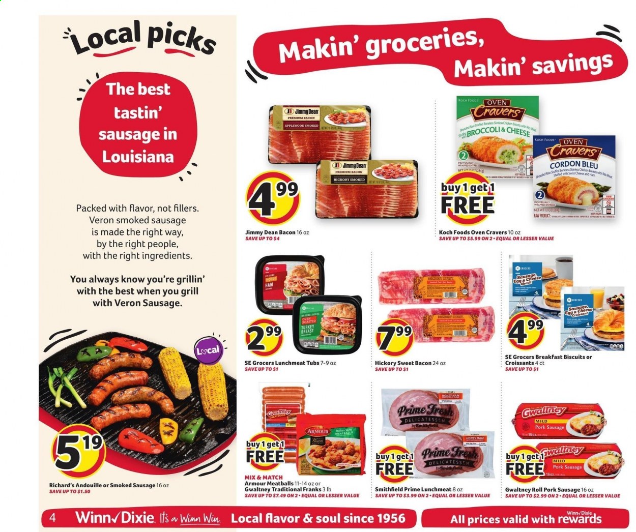 thumbnail - Winn Dixie Flyer - 03/03/2021 - 03/09/2021 - Sales products - meatballs, Jimmy Dean, bacon, ham, sausage, smoked sausage, lunch meat, swiss cheese, cheese, eggs, cordon bleu, biscuit, pork sausage, turkey breast, chicken breasts. Page 4.