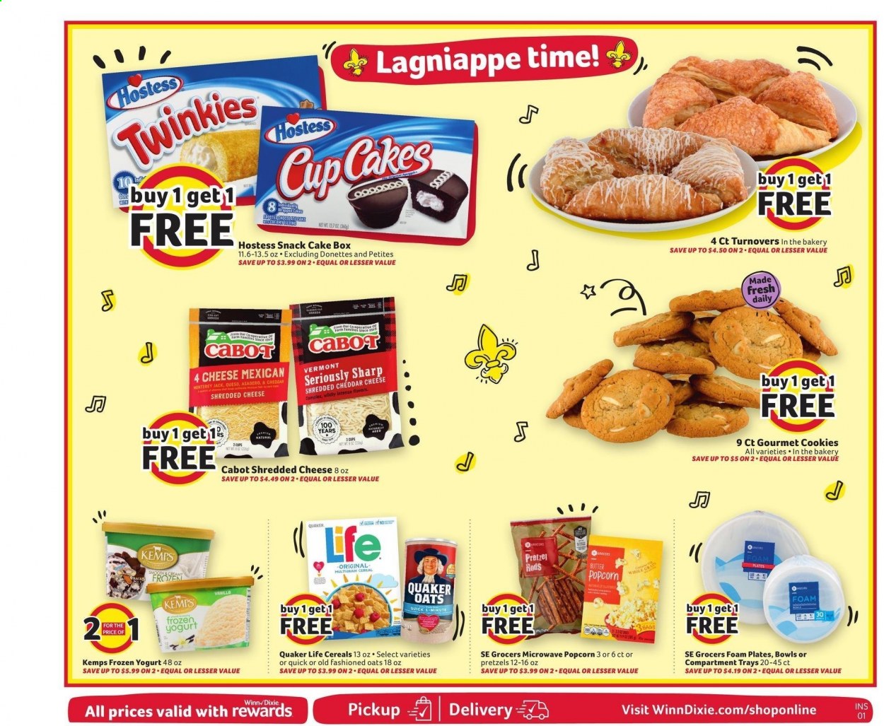 thumbnail - Winn Dixie Flyer - 03/03/2021 - 03/09/2021 - Sales products - pretzels, turnovers, Quaker, Monterey Jack cheese, shredded cheese, Kemps, yoghurt, butter, cookies, snack cake, snack, popcorn, cereals, plate, Sharp, foam plates. Page 7.