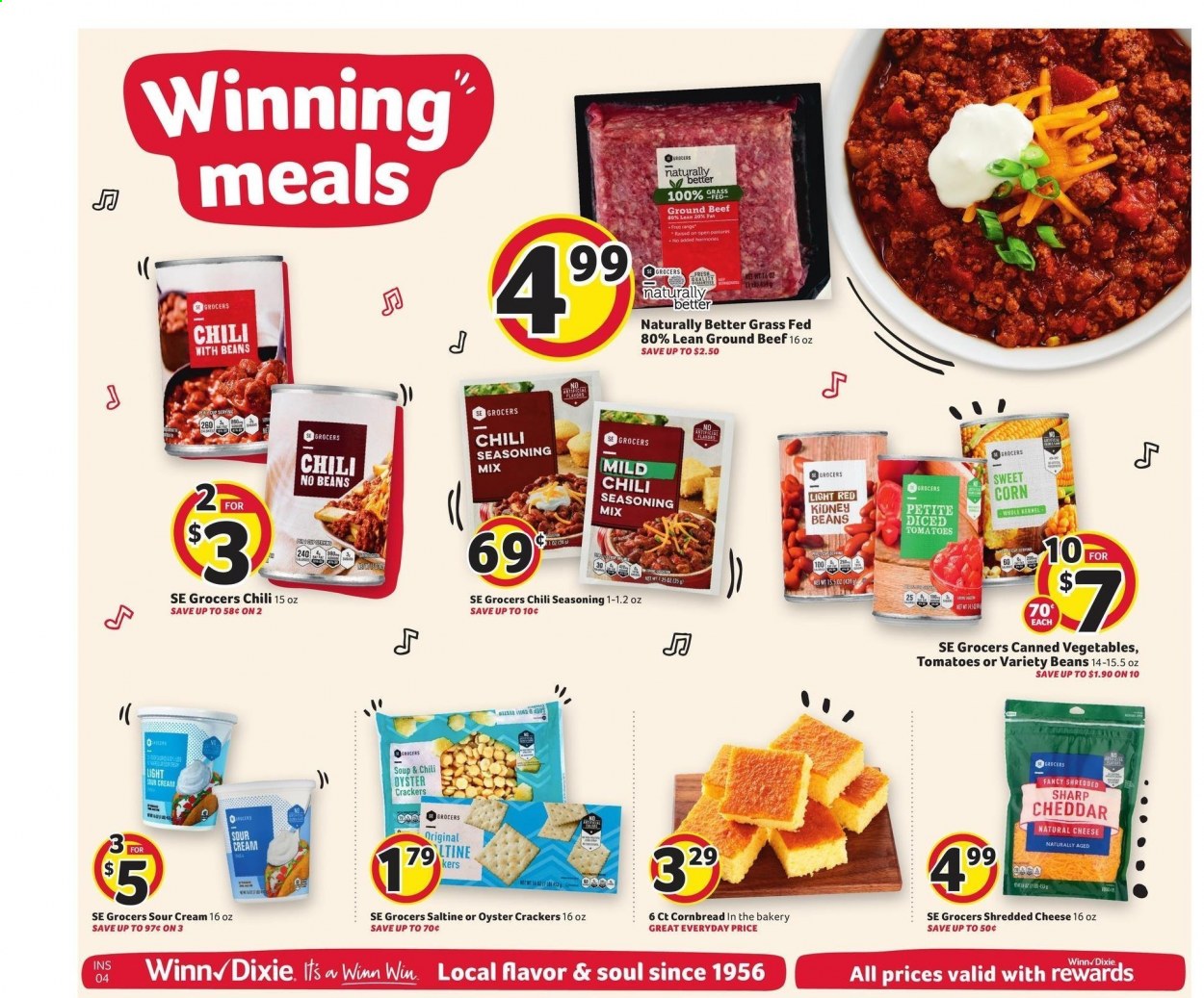 thumbnail - Winn Dixie Flyer - 03/03/2021 - 03/09/2021 - Sales products - corn bread, soup, shredded cheese, cheddar, sour cream, beans, corn, crackers, oyster crackers, saltines, kidney beans, canned vegetables, beef meat, ground beef, Sharp, pen. Page 14.