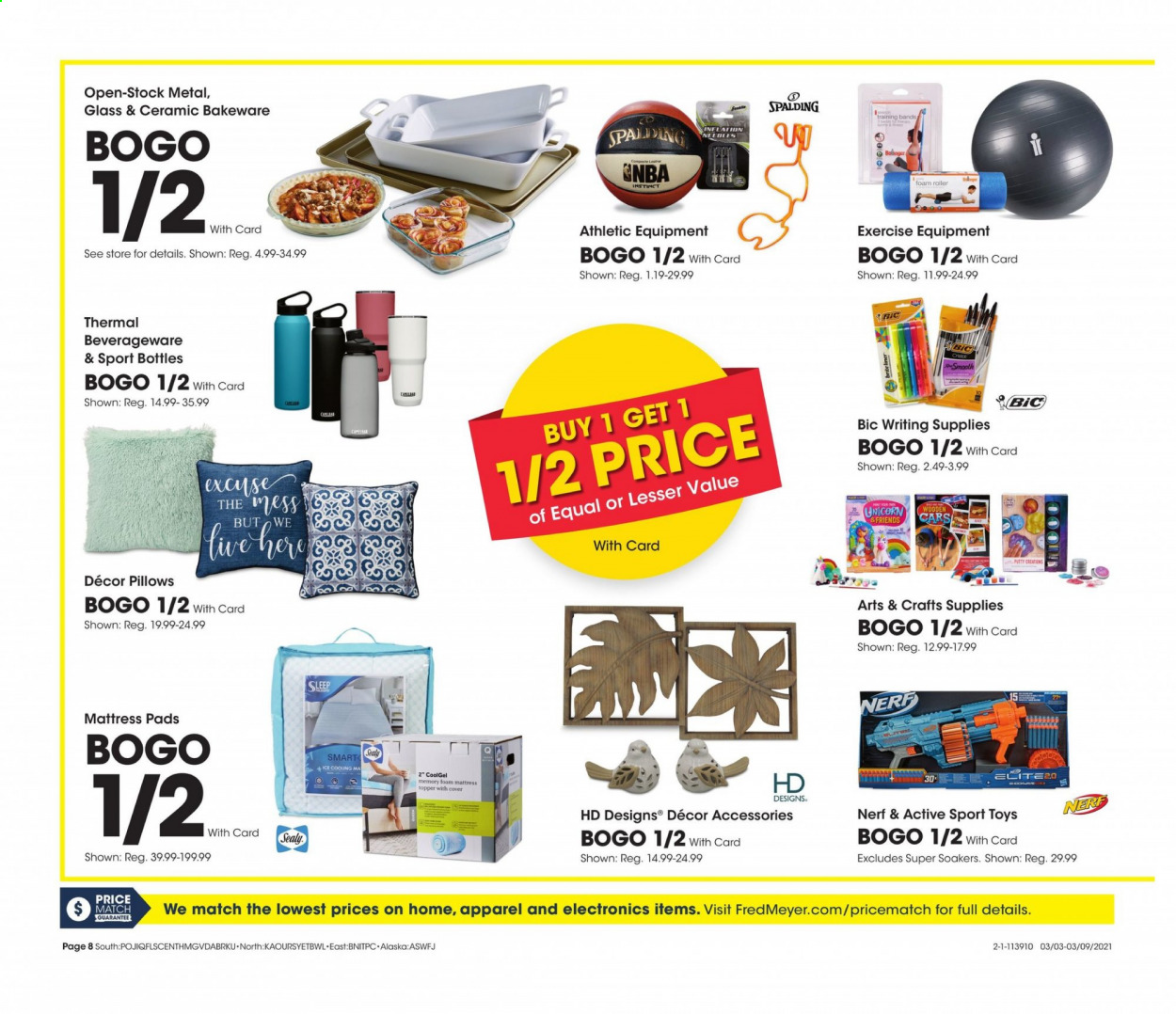 thumbnail - Fred Meyer Flyer - 03/03/2021 - 03/09/2021 - Sales products - BIC, topper, thermal bottle, bakeware, writing supplies, pillow, mattress protector, Nerf, roller, toys. Page 8.