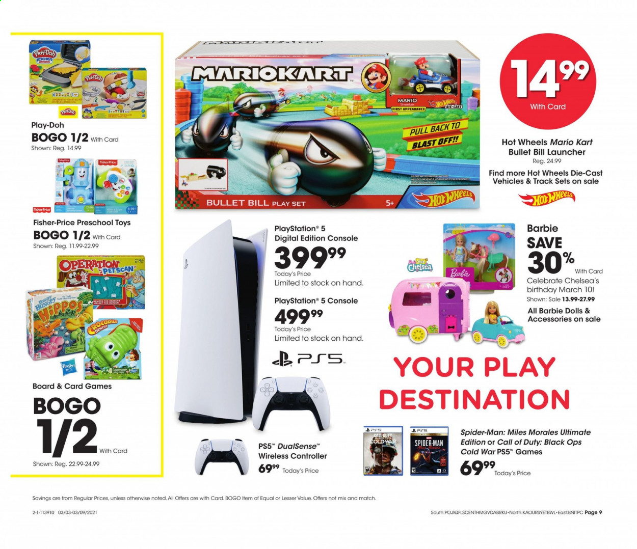 thumbnail - Fred Meyer Flyer - 03/03/2021 - 03/09/2021 - Sales products - wireless controller, Barbie, doll, play set, Play-doh, toys, Hot Wheels, Fisher-Price. Page 9.