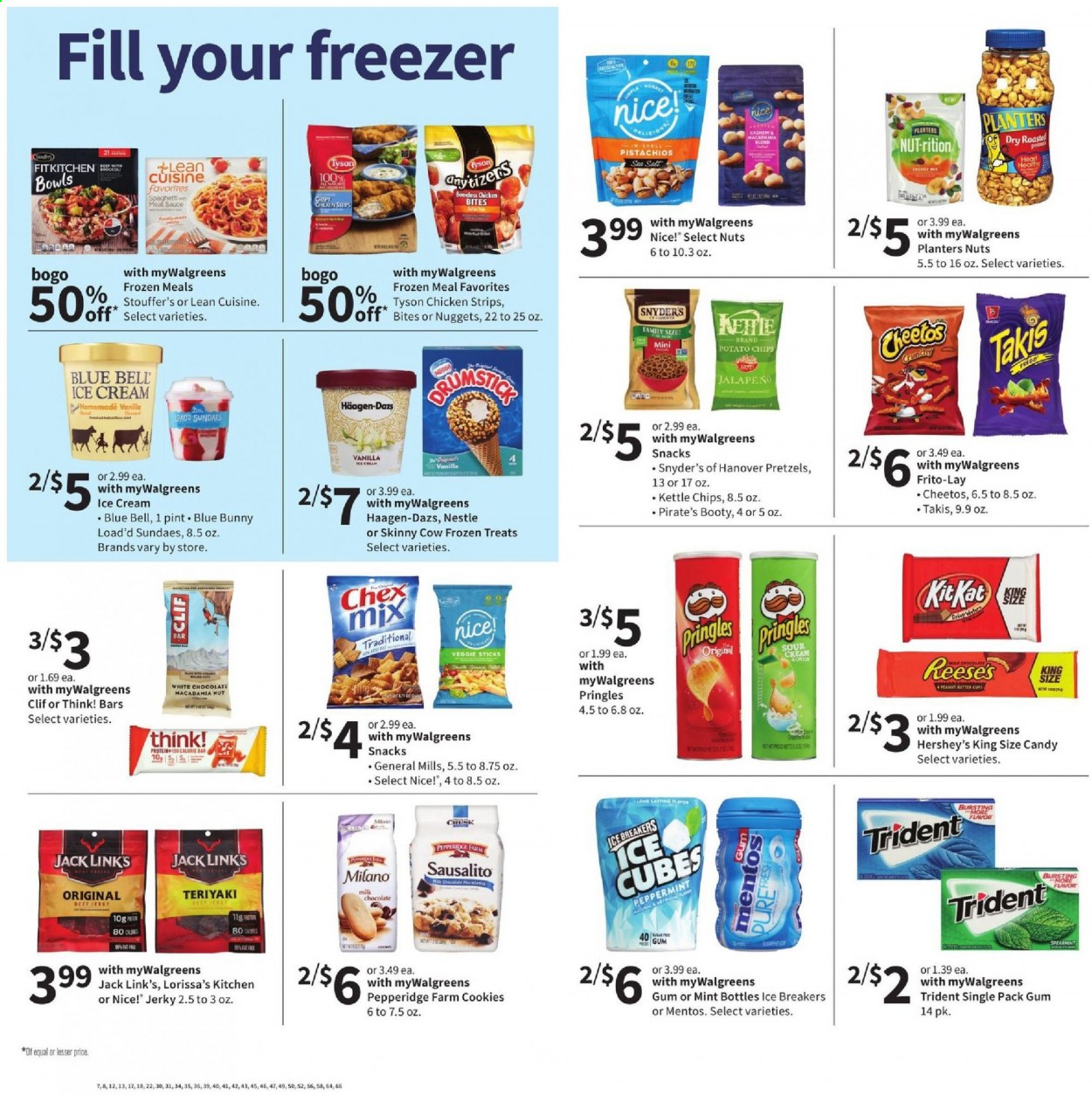 thumbnail - Walgreens Flyer - 03/07/2021 - 03/13/2021 - Sales products - pretzels, nuggets, sauce, Lean Cuisine, beef jerky, jerky, sour cream, ice cream, Reese's, Hershey's, Häagen-Dazs, ice cubes, Blue Bell, Blue Bunny, strips, chicken strips, Stouffer's, cookies, milk chocolate, Nestlé, white chocolate, chocolate, Mentos, Trident, potato chips, Pringles, Cheetos, snack, Frito-Lay, Nice!, Jack Link's, Chex Mix, jalapeño, spaghetti, cashews, macadamia nuts, pistachios, Planters. Page 4.