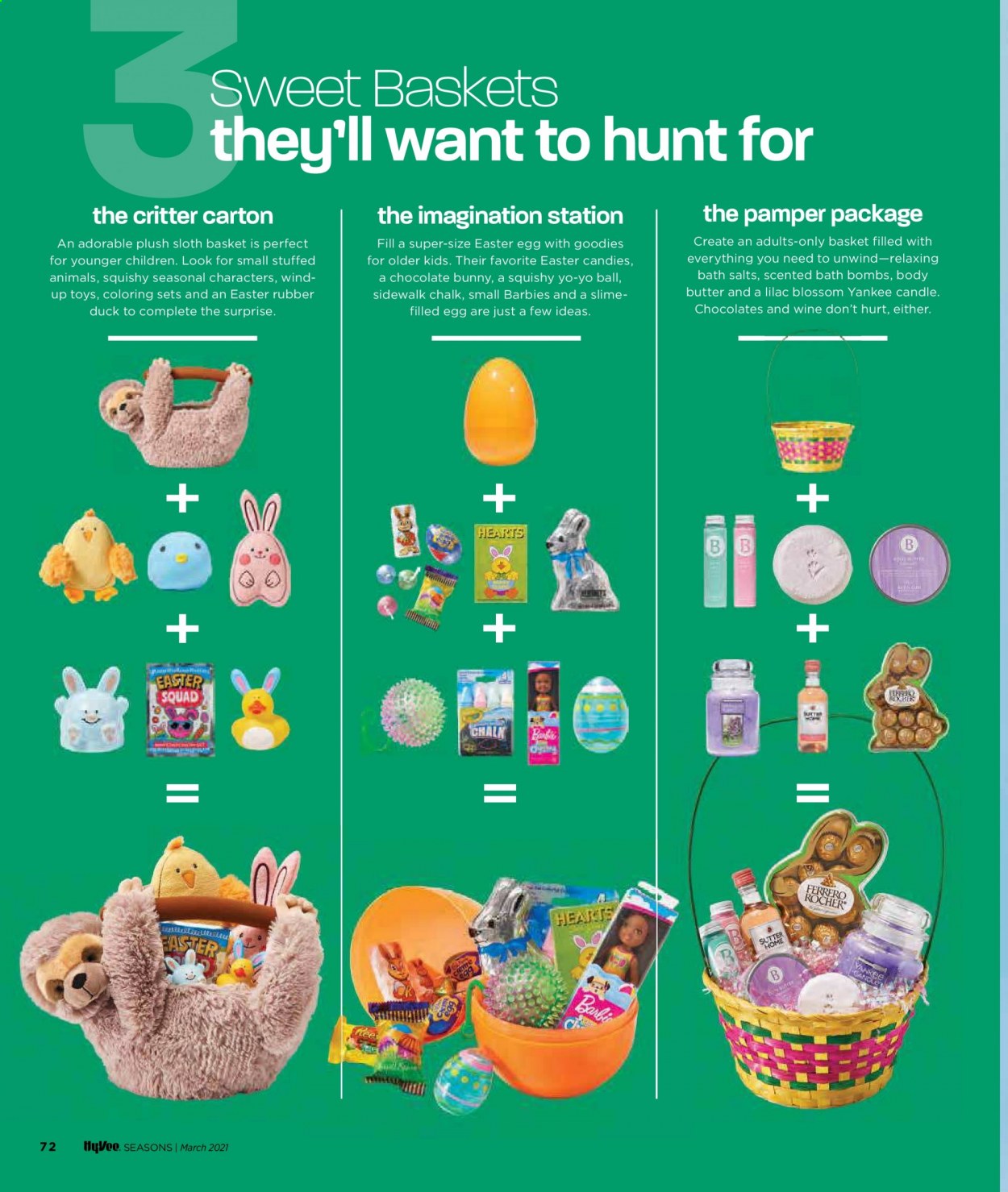 thumbnail - Hy-Vee Flyer - 03/01/2021 - 03/31/2021 - Sales products - Blossom, Paw Patrol, chocolate, jelly beans, chocolate bunny, snack, wine, Spiderman, bath bomb, body butter, basket, straw, candle, Yankee Candle, Pamper, doll, rocket, water blaster. Page 76.
