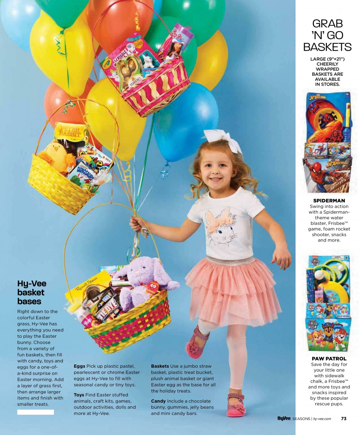 thumbnail - Hy-Vee Flyer - 03/01/2021 - 03/31/2021 - Sales products - Blossom, Paw Patrol, chocolate, jelly beans, chocolate bunny, snack, wine, Spiderman, bath bomb, body butter, basket, straw, candle, Yankee Candle, Pamper, doll, rocket, water blaster. Page 77.