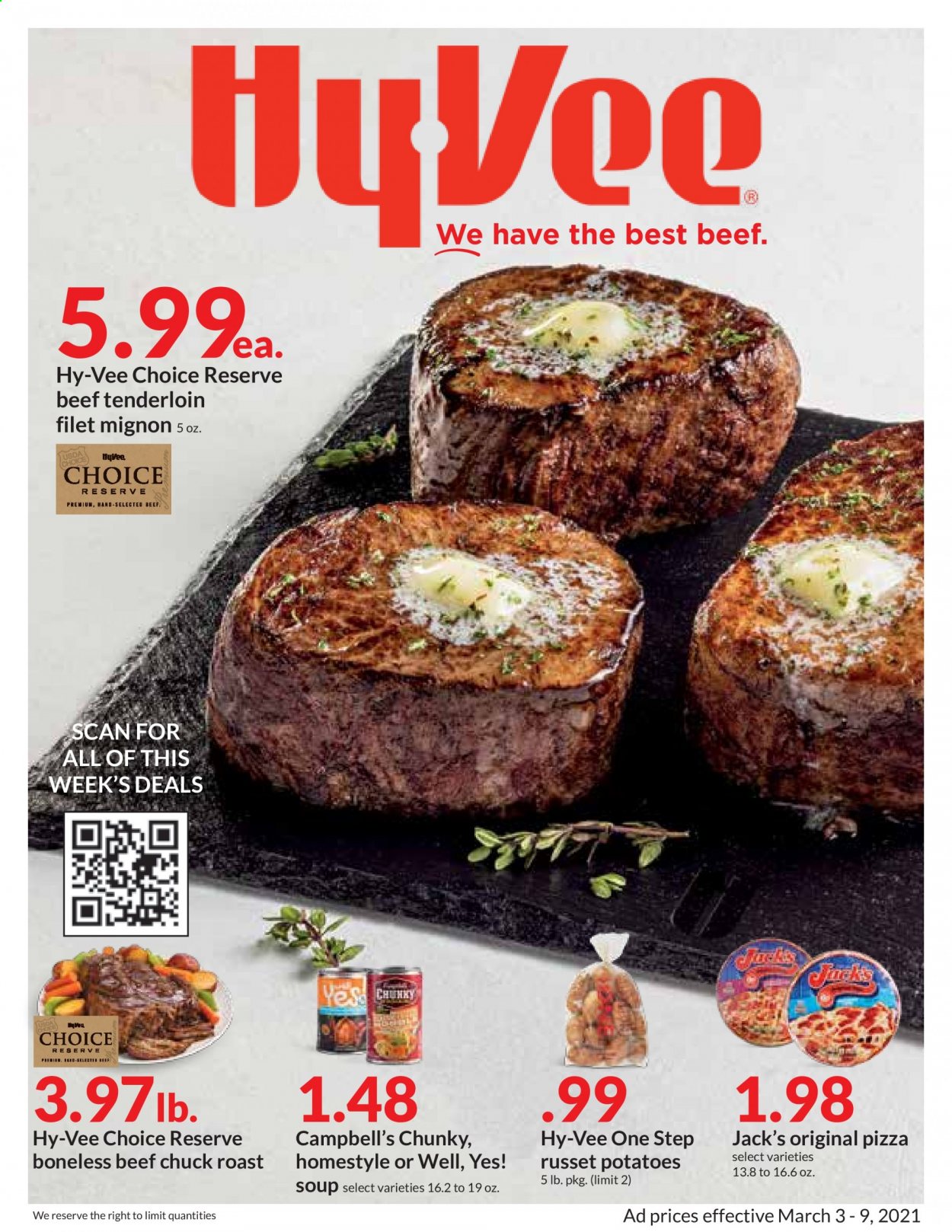 thumbnail - Hy-Vee Flyer - 03/03/2021 - 03/09/2021 - Sales products - Campbell's, pizza, soup, beef meat, beef tenderloin, chuck roast. Page 1.
