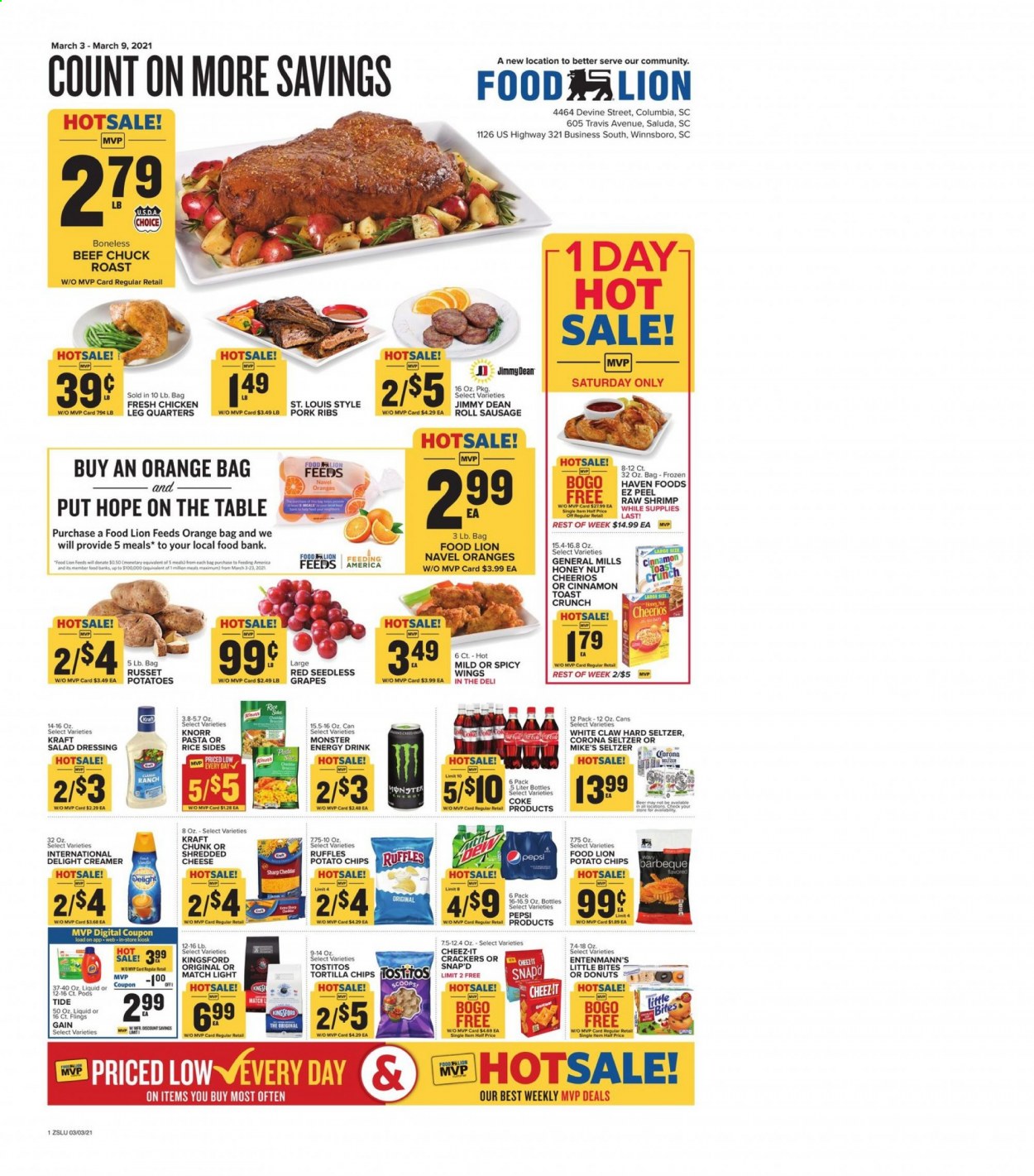 thumbnail - Food Lion Flyer - 03/03/2021 - 03/09/2021 - Sales products - seedless grapes, toast bread, donut, Entenmann's, Little Bites, oranges, shrimps, Knorr, Kraft®, Jimmy Dean, sausage, shredded cheese, creamer, crackers, tortilla chips, potato chips, Cheez-It, Ruffles, Tostitos, Cheerios, rice, pasta, cinnamon, salad dressing, dressing, Coca-Cola, Pepsi, energy drink, Monster, Monster Energy, seltzer water, White Claw, Hard Seltzer, beer, Corona Extra, beef meat, chuck roast, pork meat, pork ribs, Gain, Tide, Sharp. Page 1.