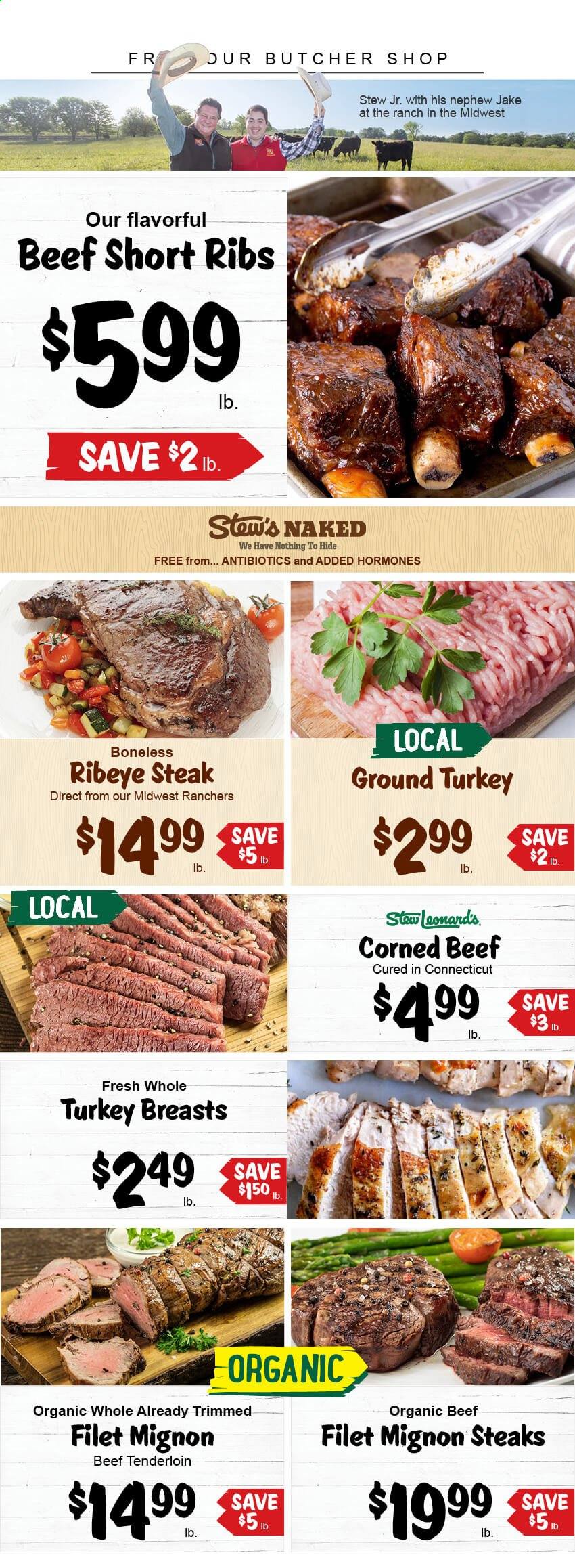 thumbnail - Stew Leonard's Flyer - 03/03/2021 - 03/09/2021 - Sales products - ground turkey, turkey breast, whole turkey, beef meat, beef ribs, beef steak, corned beef, steak, beef tenderloin, ribeye steak. Page 1.