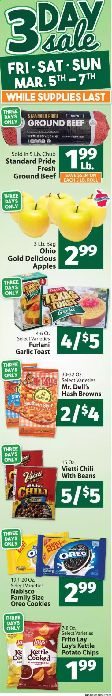 thumbnail - IGA Flyer - 03/05/2021 - 03/07/2021 - Sales products - toast bread, apples, hash browns, Oreo, milk, beans, cookies, potato chips, chips, Lay’s, garlic, beef meat, ground beef. Page 1.