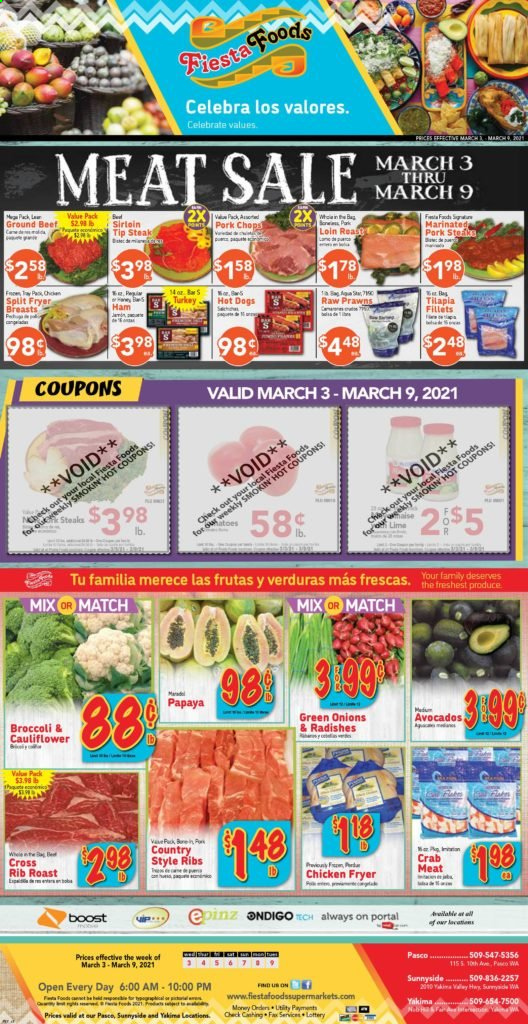 thumbnail - Fiesta Foods SuperMarkets Flyer - 03/03/2021 - 03/09/2021 - Sales products - crab meat, tilapia, prawns, crab, hot dog, ham, cauliflower, Boost, beef meat, ground beef, steak, pork chops, pork meat, country style ribs, avocado. Page 1.