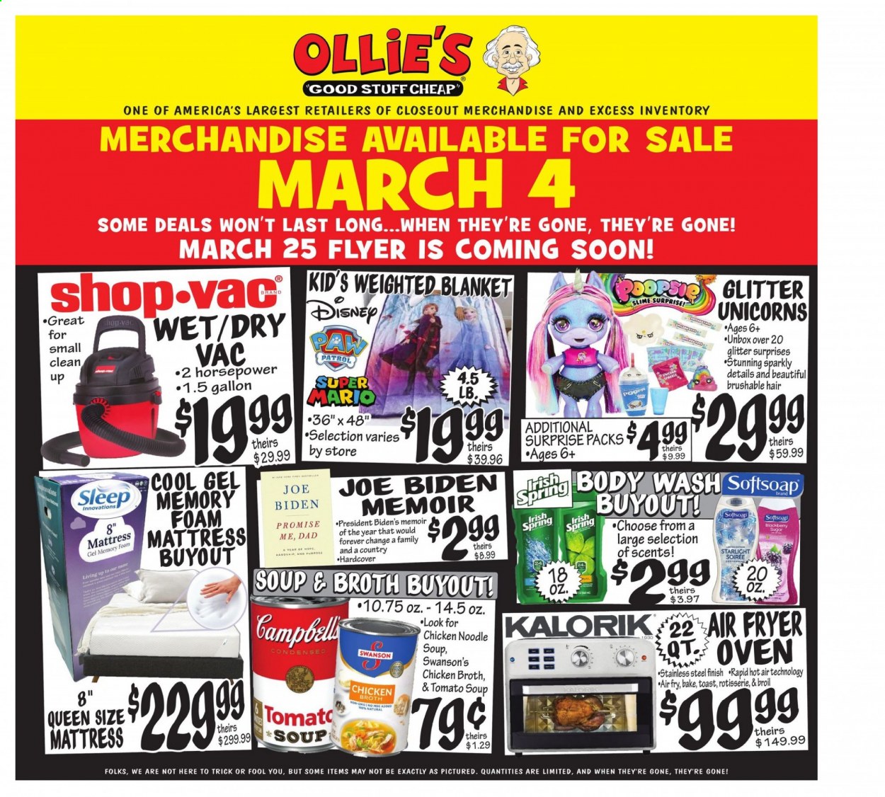 thumbnail - Ollie's Bargain Outlet Flyer - 03/04/2021 - 03/10/2021 - Sales products - sugar, chicken broth, broth, body wash, Disney, Softsoap, glitter, blanket, vacuum cleaner, air fryer, mattress, Slime. Page 1.