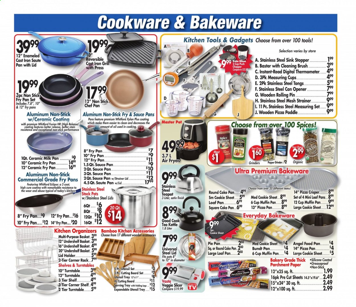 thumbnail - Ocean State Job Lot Flyer - 03/04/2021 - 03/10/2021 - Sales products - cookware set, cutting board, teapot, thermometer, tray, pot, slicer, grinder, cake pan, pizza pan, cup, saucepan, handy chopper, bakeware, kitchen tools, satin sheets, TV, air fryer, kettle, coat, holder, tong, brush, Eclipse, oil. Page 7.