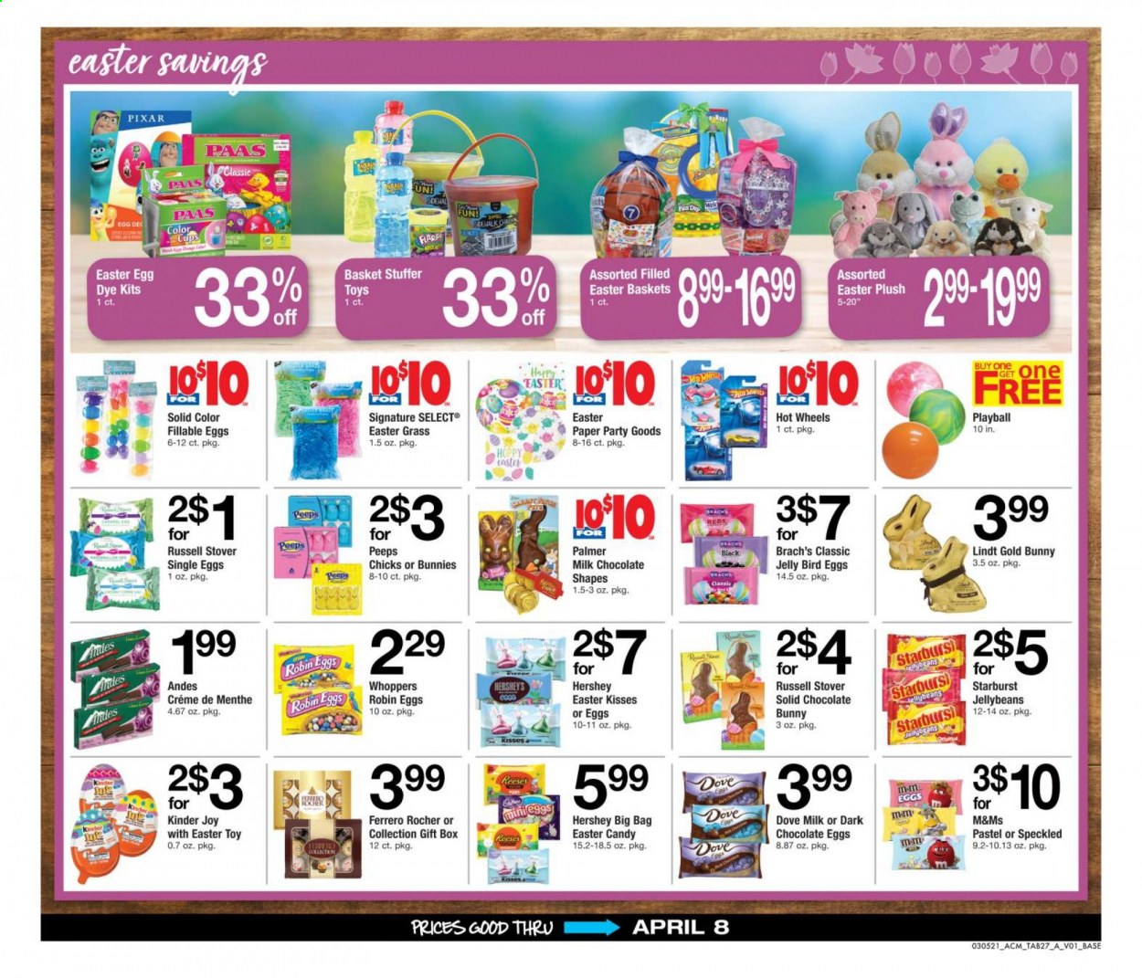 thumbnail - ACME Flyer - 03/05/2021 - 04/08/2021 - Sales products - jelly, dip, Reese's, Hershey's, milk chocolate, chocolate, Lindt, Ferrero Rocher, Kinder Joy, chocolate egg, chocolate bunny, Starburst, Peeps, creme de menthe, rum, Dove, Joy, basket, cup, gift box, paper, easter egg, easter basket, bag, toys, Hot Wheels, plush toy. Page 27.