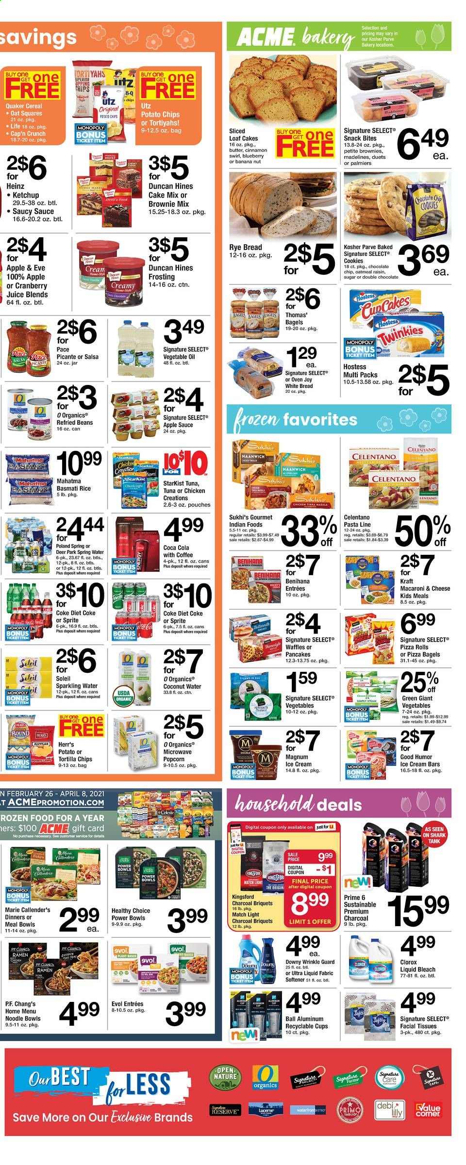 thumbnail - ACME Flyer - 03/05/2021 - 03/11/2021 - Sales products - bread, white bread, pizza rolls, bagels, brownie mix, cake mix, pancakes, waffles, StarKist, macaroni & cheese, ramen, pizza, sauce, Quaker, Healthy Choice, Marie Callender's, Kraft®, butter, salsa, ice cream, ice cream bars, beans, cookies, tortilla chips, potato chips, snack, popcorn, frosting, sugar, oatmeal, oats, refried beans, Heinz, cereals, Cap'n Crunch, basmati rice, rice, pasta, noodles, cinnamon, Tikka Masala, ketchup, vegetable oil, apple sauce, raisins, Coca-Cola, cranberry juice, Sprite, juice, Diet Coke, coconut water, spring water, sparkling water, coffee, tissues, Clorox, fabric softener, bleach, Joy, facial tissues, cup, tank, cap, Monopoly. Page 4.