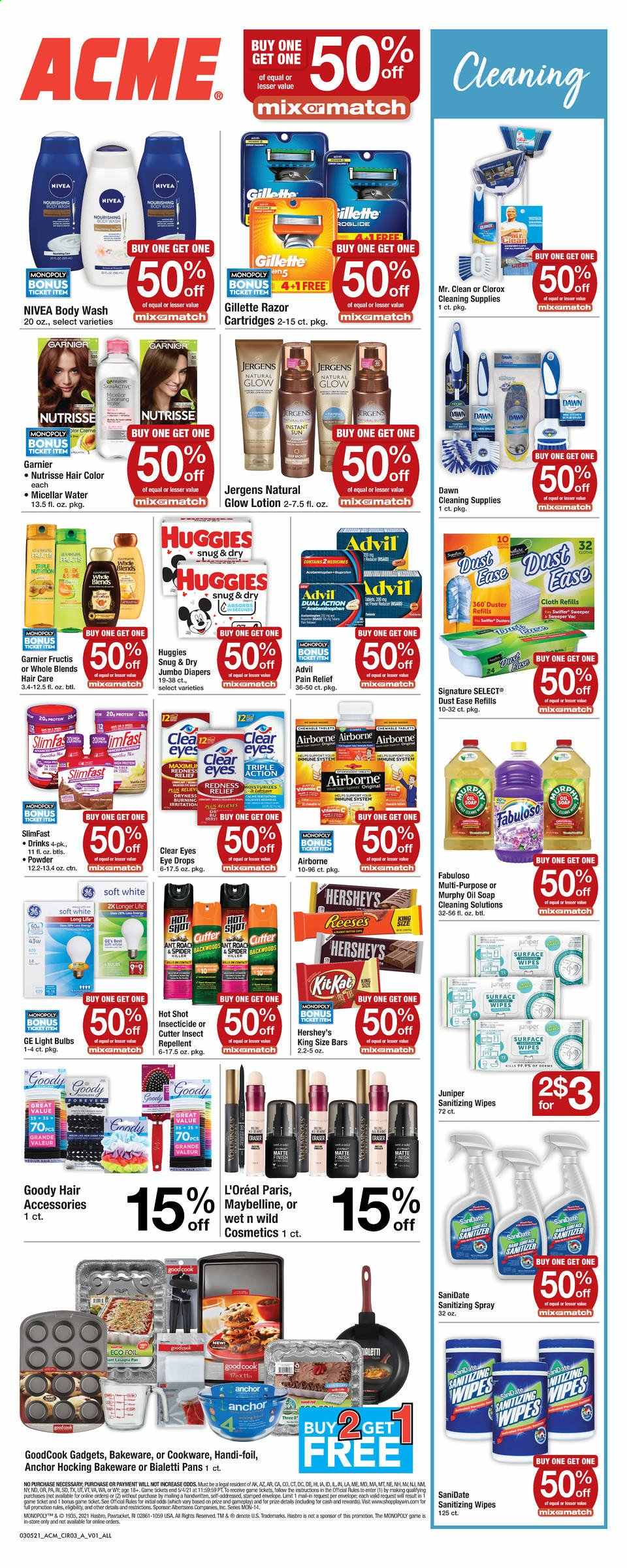 thumbnail - ACME Flyer - 03/05/2021 - 03/11/2021 - Sales products - Slimfast, Reese's, Hershey's, oil, Huggies, Nivea, wipes, antiseptic wipes, Clorox, Fabuloso, Swiffer, body wash, soap, Garnier, L’Oréal, micellar water, hair color, Fructis, body lotion, Jergens, Gillette, razor, repellent, insecticide, Maybelline, duster, cookware set, bakeware, envelope, cutter, bulb, light bulb, vacuum cleaner, Snug, Monopoly, Hasbro, pain relief, vitamin c, eye drops, Advil Rapid. Page 5.