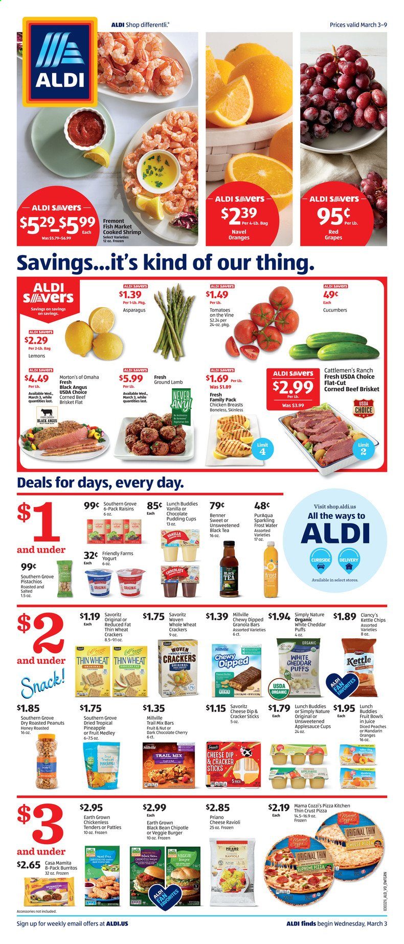 thumbnail - ALDI Flyer - 03/03/2021 - 03/09/2021 - Sales products - puffs, oranges, fish, shrimps, pizza, hamburger, veggie burger, Cattlemen's Ranch, cheddar, cheese, pudding, chocolate pudding, yoghurt, dip, beans, crackers, snack, cucumber, mandarines, granola bar, ravioli, apple sauce, honey, raisins, roasted peanuts, peanuts, pistachios, juice, tea, L'Or, chicken breasts, beef meat, corned beef, beef brisket, ground lamb, lamb meat, cup, kettle. Page 1.