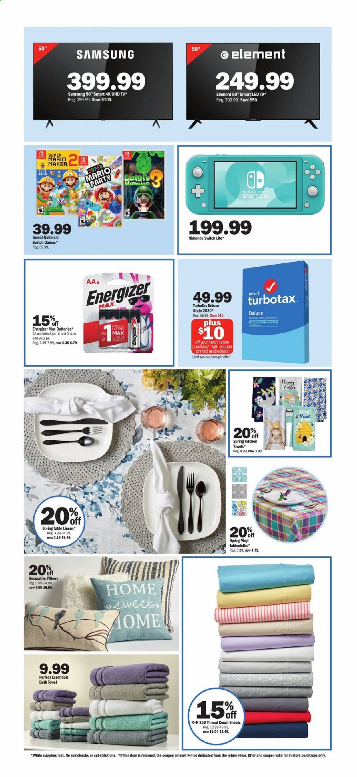 thumbnail - Meijer Flyer - 03/07/2021 - 03/13/2021 - Sales products - Nintendo Switch, kitchen towels, battery, Energizer, tablecloth, linens, pillow, bath towel, Samsung, Nintendo Switch game, 4K UHD TV, LED TV, UHD TV, TV. Page 21.