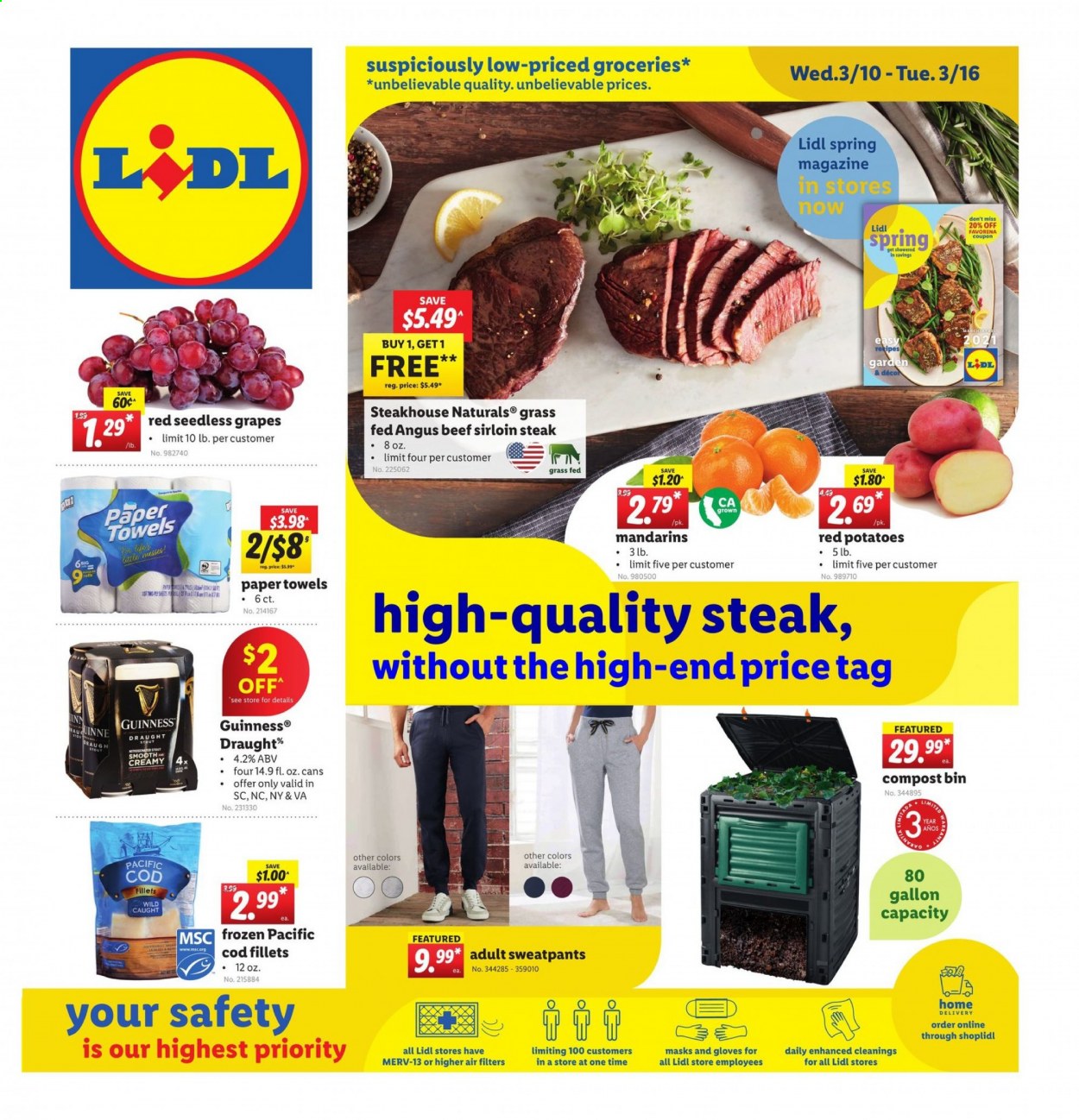 thumbnail - Lidl Flyer - 03/10/2021 - 03/16/2021 - Sales products - seedless grapes, cod, mandarines, Guinness, beef meat, beef sirloin, steak, sirloin steak, kitchen towels, paper towels, bin, gallon, sweatpants, gloves, grapes. Page 1.