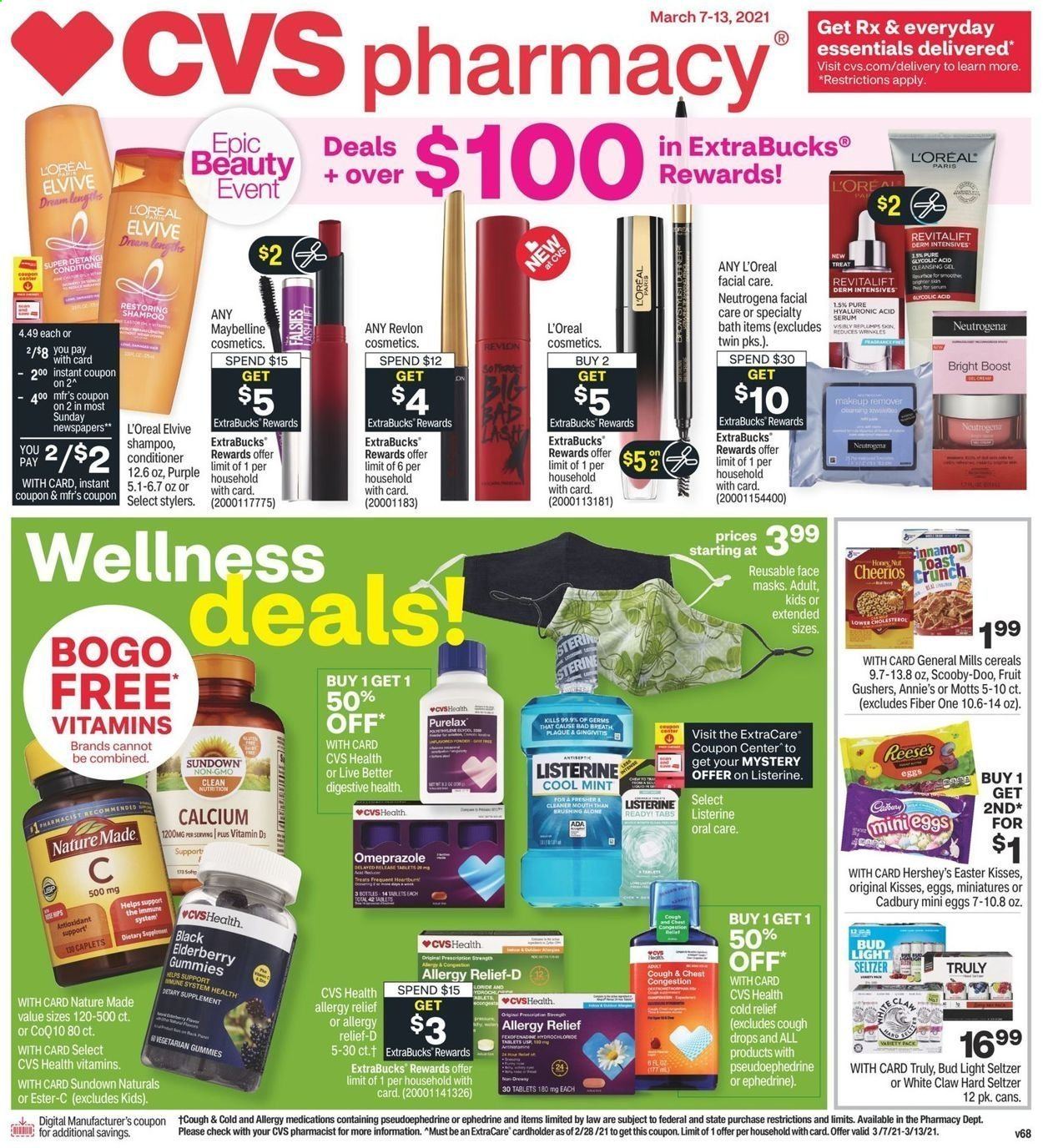 thumbnail - CVS Pharmacy Flyer - 03/07/2021 - 03/13/2021 - Sales products - Annie's, Reese's, Hershey's, Cadbury, Digestive, cereals, Cheerios, Fiber One, Mott's, seltzer water, Boost, White Claw, Hard Seltzer, TRULY, shampoo, Listerine, Purelax, L’Oréal, Neutrogena, serum, conditioner, Revlon, makeup remover, Maybelline, calcium, Ester-c, Nature Made, Sundown Naturals, cough drops, allergy relief, face mask, beer, Bud Light, makeup. Page 1.