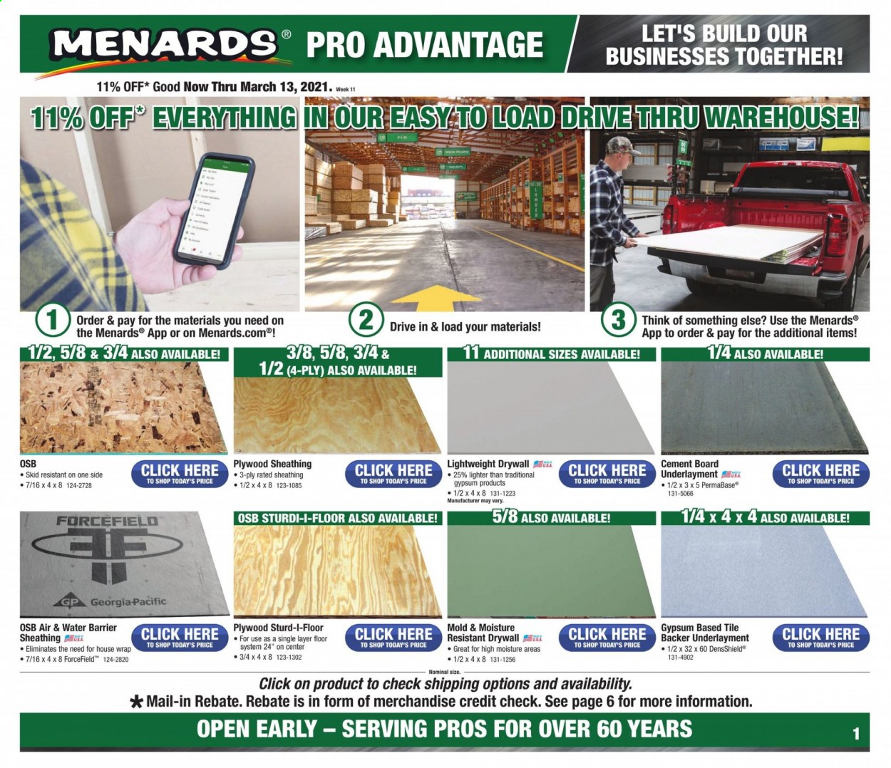 thumbnail - Menards Flyer - 03/07/2021 - 03/13/2021 - Sales products - floor tile, plywood. Page 1.