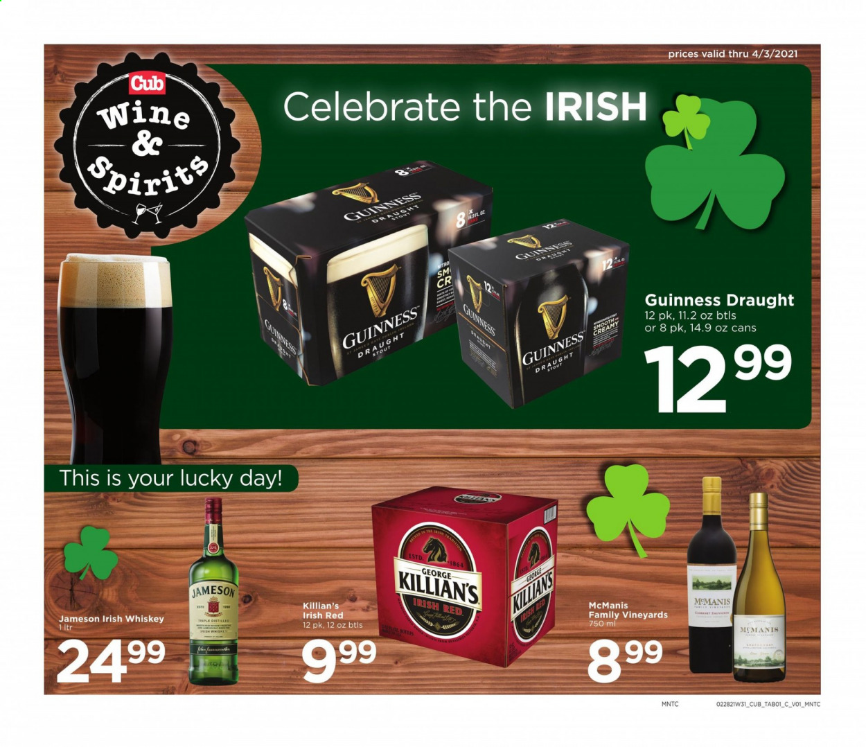 thumbnail - Cub Foods Flyer - 02/28/2021 - 04/03/2021 - Sales products - wine, whiskey, Jameson, Guinness. Page 1.