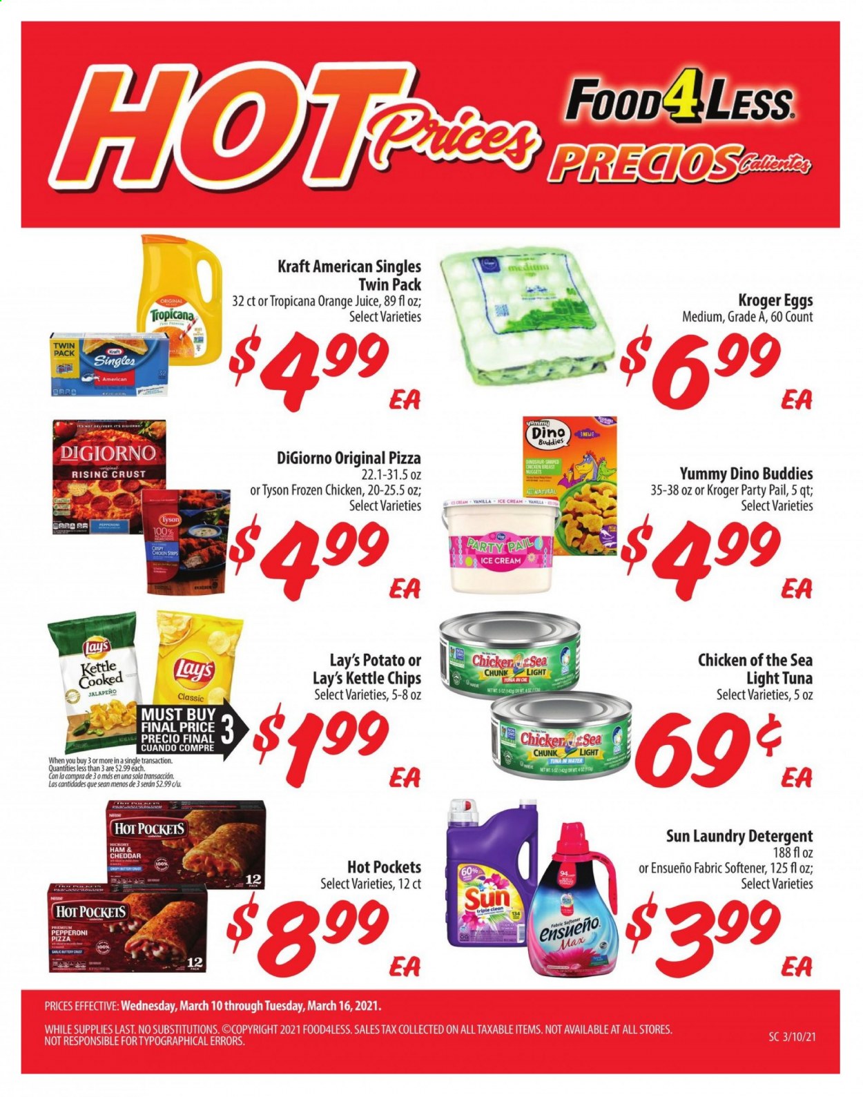thumbnail - Food 4 Less Flyer - 03/10/2021 - 03/16/2021 - Sales products - tuna, hot pocket, pizza, nuggets, Yummy Dino Buddies, Kraft®, ham, pepperoni, sandwich slices, Kraft Singles, eggs, ice cream, strips, chicken strips, Lay’s, tuna in water, light tuna, jalapeño, Chicken of the Sea, orange juice, juice, chicken breasts, detergent, fabric softener, laundry detergent, dinosaur. Page 2.