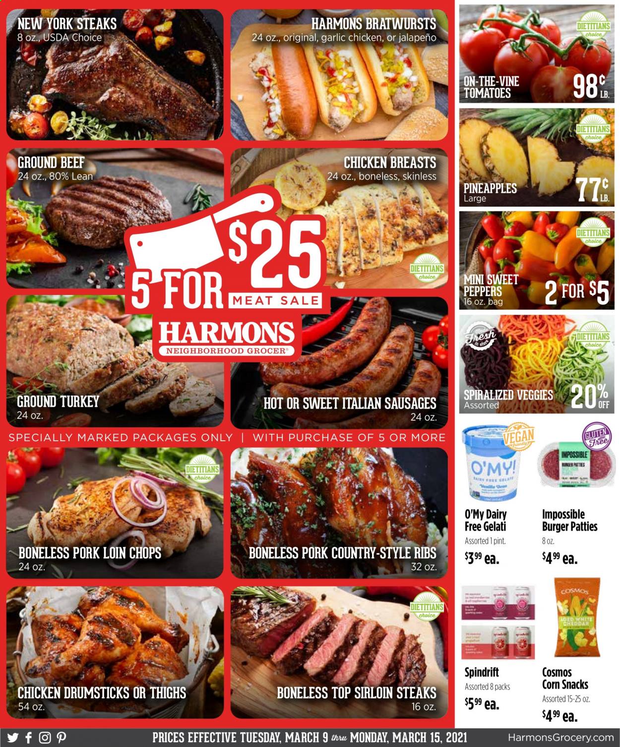 thumbnail - Harmons Flyer - 03/09/2021 - 03/15/2021 - Sales products - sweet peppers, hamburger, sausage, corn, snack, garlic, jalapeño, Spindrift, ground turkey, chicken breasts, chicken drumsticks, beef meat, ground beef, steak, sirloin steak, burger patties, pork loin, pork meat, country style ribs, pineapple. Page 1.