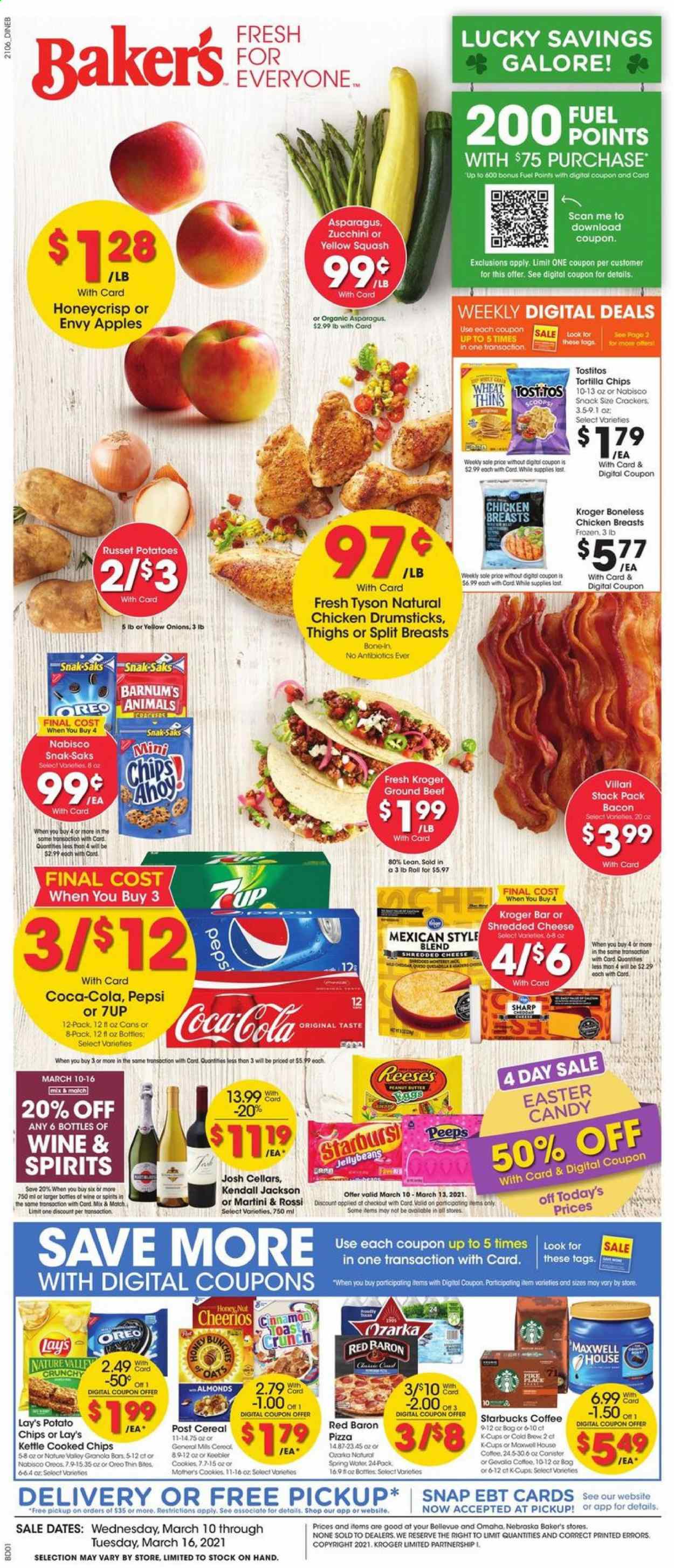 thumbnail - Baker's Flyer - 03/10/2021 - 03/16/2021 - Sales products - toast bread, apples, northern pike, pizza, shredded cheese, Oreo, eggs, Reese's, zucchini, Red Baron, cookies, Peeps, tortilla chips, potato chips, Lay’s, Thins, Tostitos, oats, cereals, Cheerios, granola bar, Nature Valley, cinnamon, almonds, Coca-Cola, Pepsi, 7UP, spring water, Maxwell House, coffee, Starbucks, coffee capsules, K-Cups, Gevalia, wine, Martini, chicken breasts, chicken drumsticks, beef meat, ground beef, canister, Sharp, Bakers, bunches. Page 1.