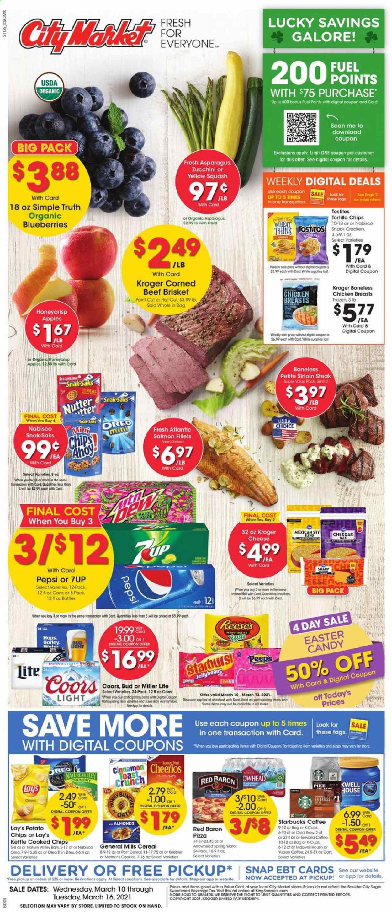 thumbnail - City Market Flyer - 03/10/2021 - 03/16/2021 - Sales products - blueberries, toast bread, apples, salmon, salmon fillet, northern pike, pizza, cheddar, cheese, Oreo, eggs, Reese's, zucchini, Red Baron, cookies, crackers, Keebler, Peeps, tortilla chips, potato chips, snack, Lay’s, Thins, Tostitos, oats, cereals, Cheerios, Nature Valley, almonds, Pepsi, 7UP, spring water, coffee, Starbucks, coffee capsules, K-Cups, Gevalia, beer, Miller Lite, Coors, chicken breasts, beef meat, beef sirloin, corned beef, steak, sirloin steak, beef brisket, Sharp. Page 1.